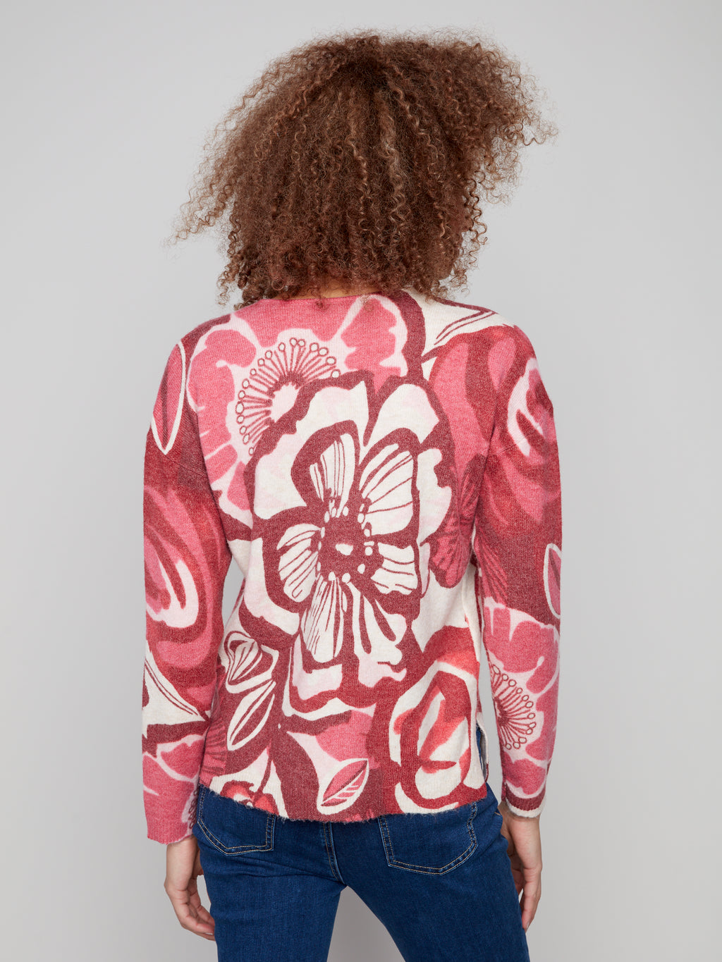 Printed Plush Knit V-Neck Sweater