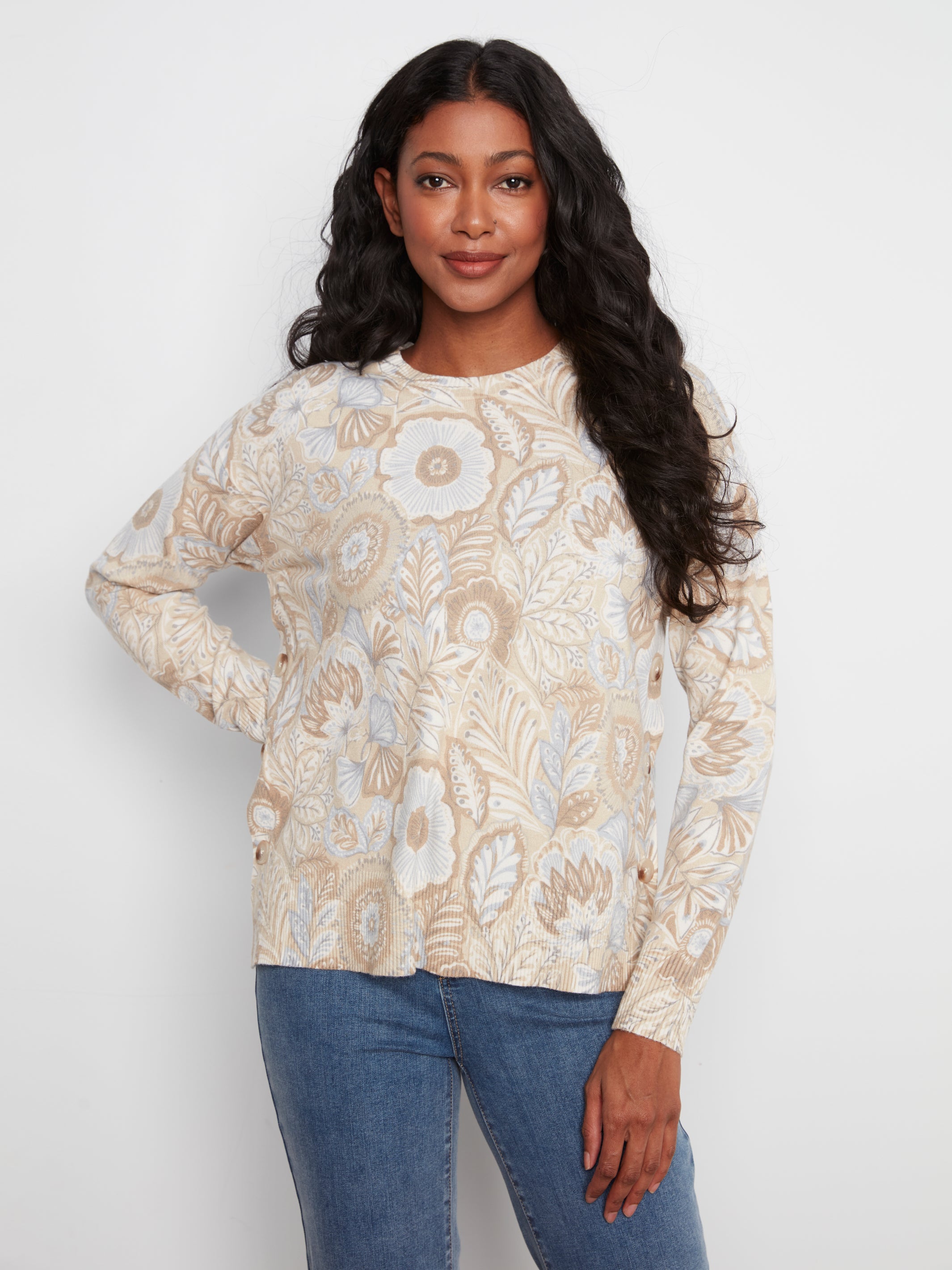 Printed Sweater with Side Buttons