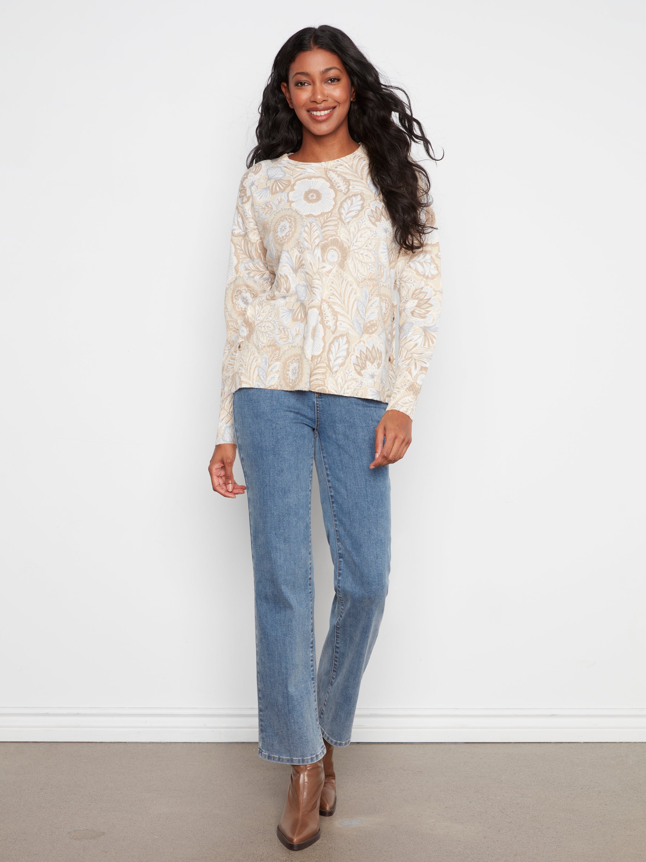 Printed Sweater with Side Buttons