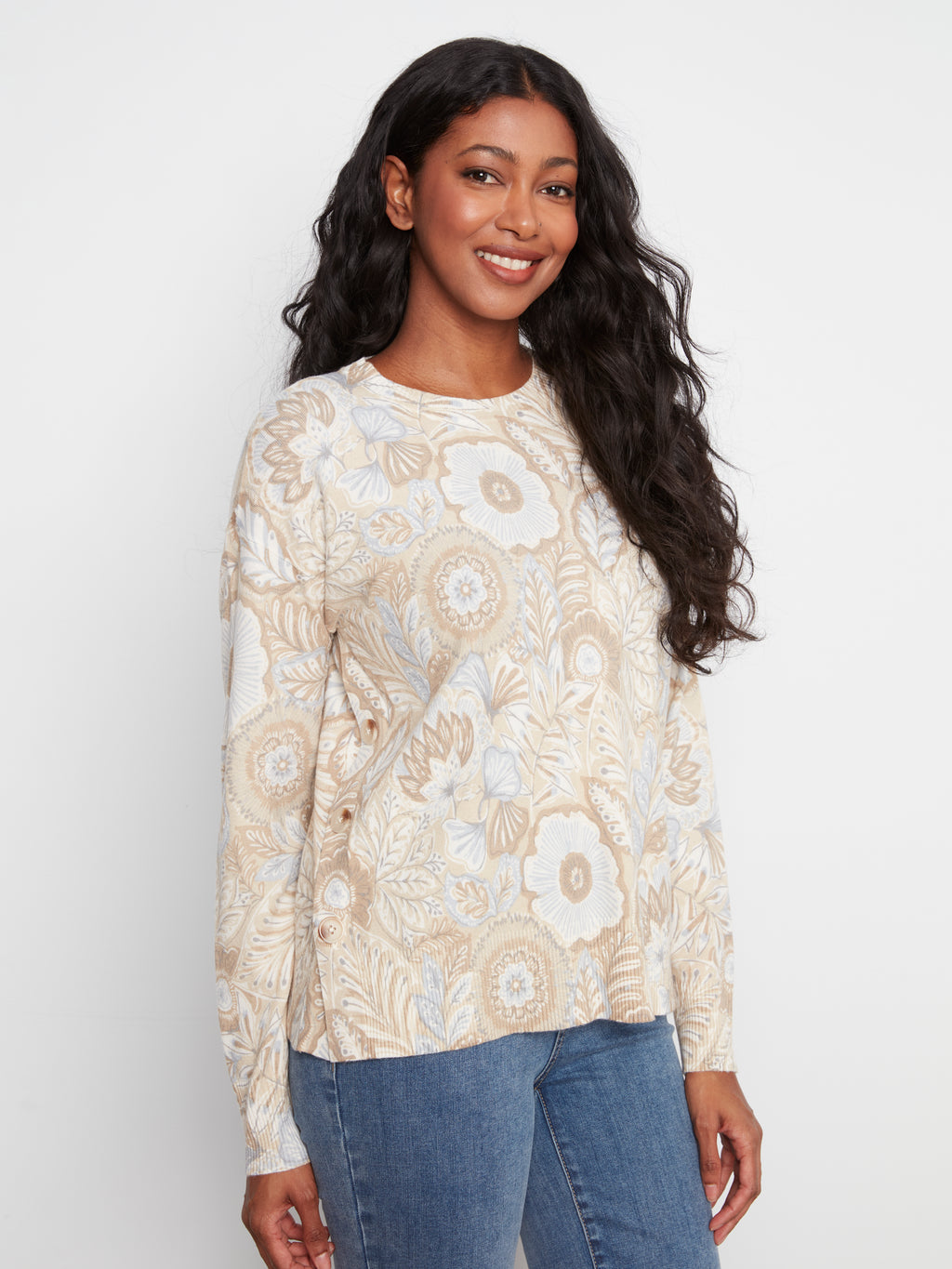 Printed Sweater with Side Buttons