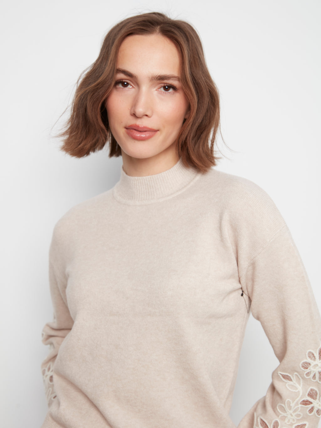 Mock Neck Sweater with Sleeve Embroidery