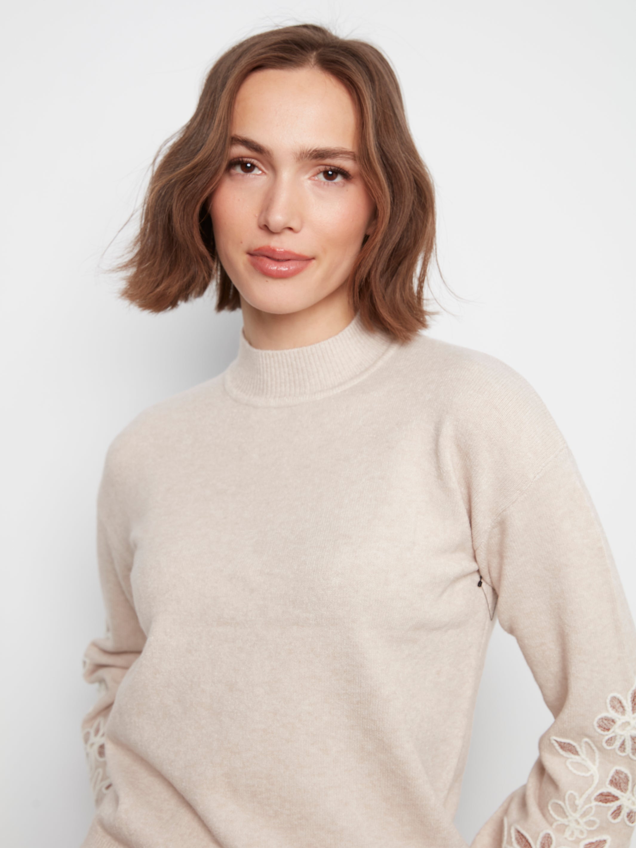 Mock Neck Sweater with Sleeve Embroidery