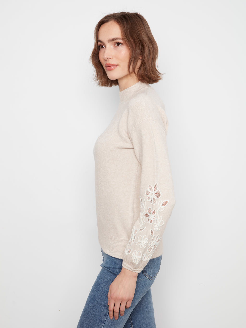 Mock Neck Sweater with Sleeve Embroidery
