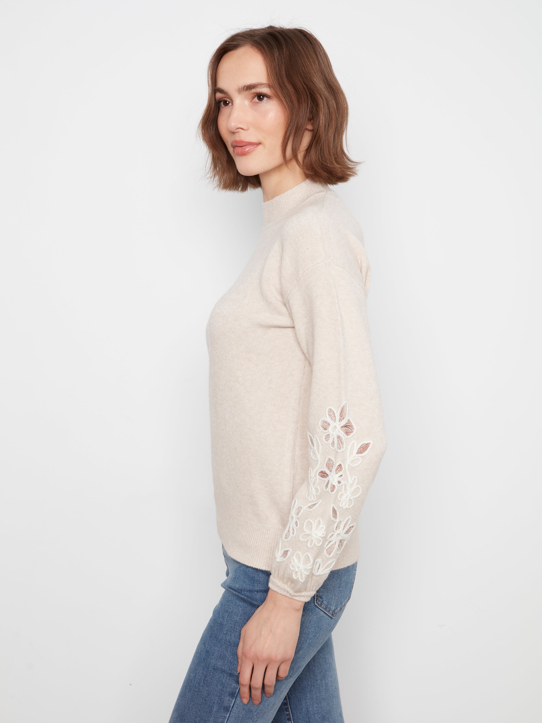 Mock Neck Sweater with Sleeve Embroidery