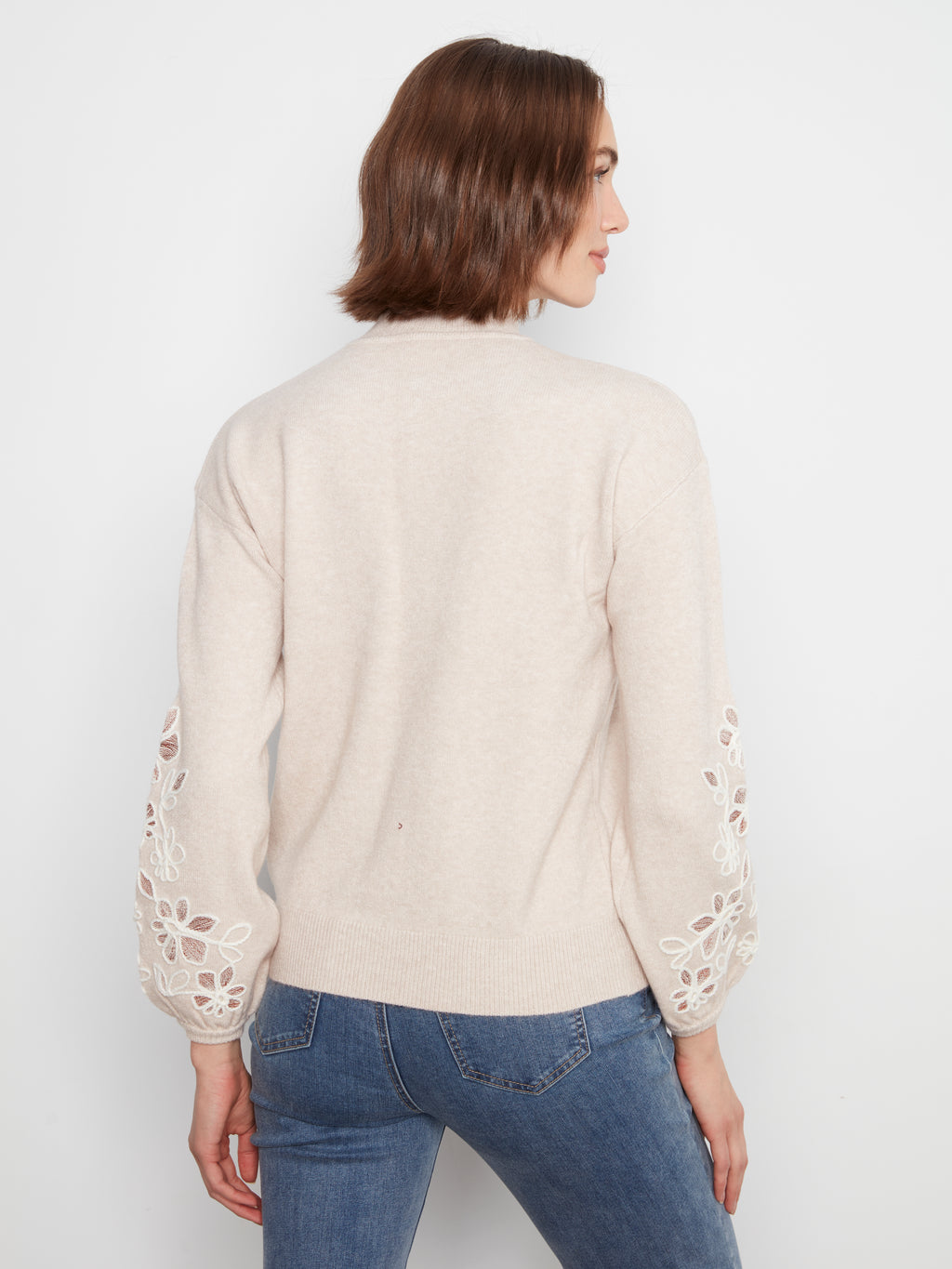 Mock Neck Sweater with Sleeve Embroidery