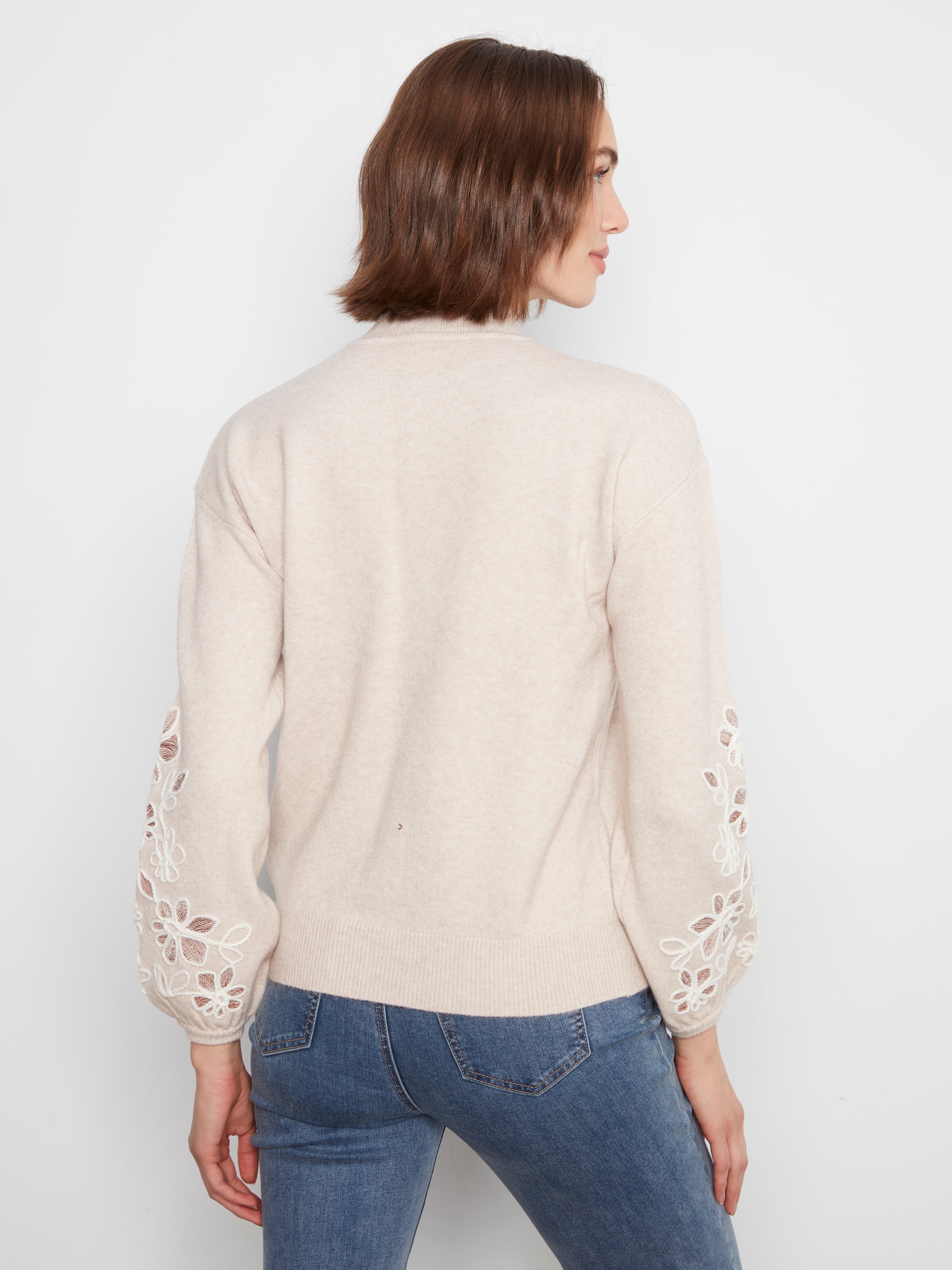 Mock Neck Sweater with Sleeve Embroidery