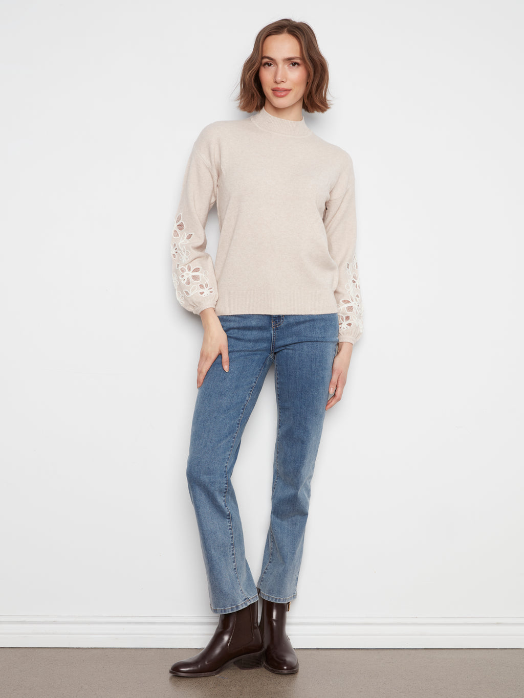 Mock Neck Sweater with Sleeve Embroidery