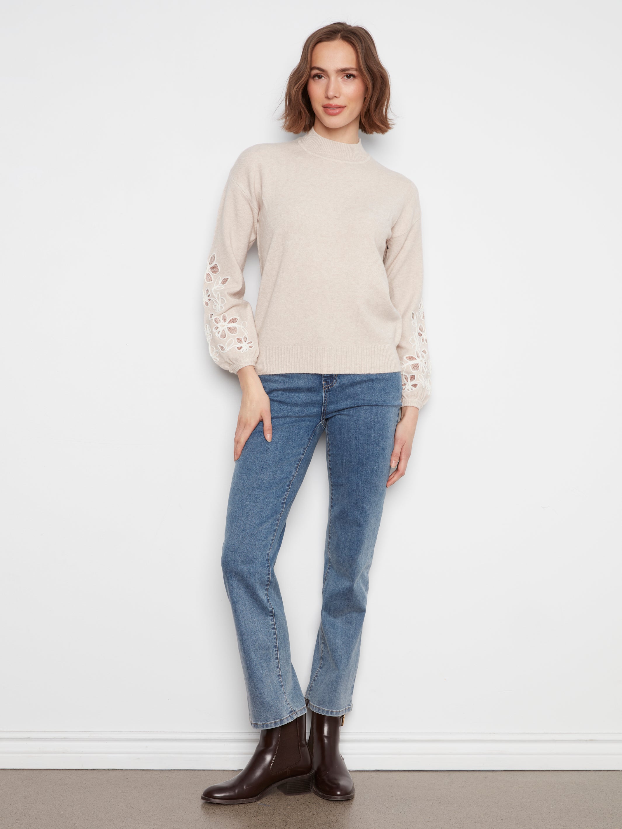 Mock Neck Sweater with Sleeve Embroidery
