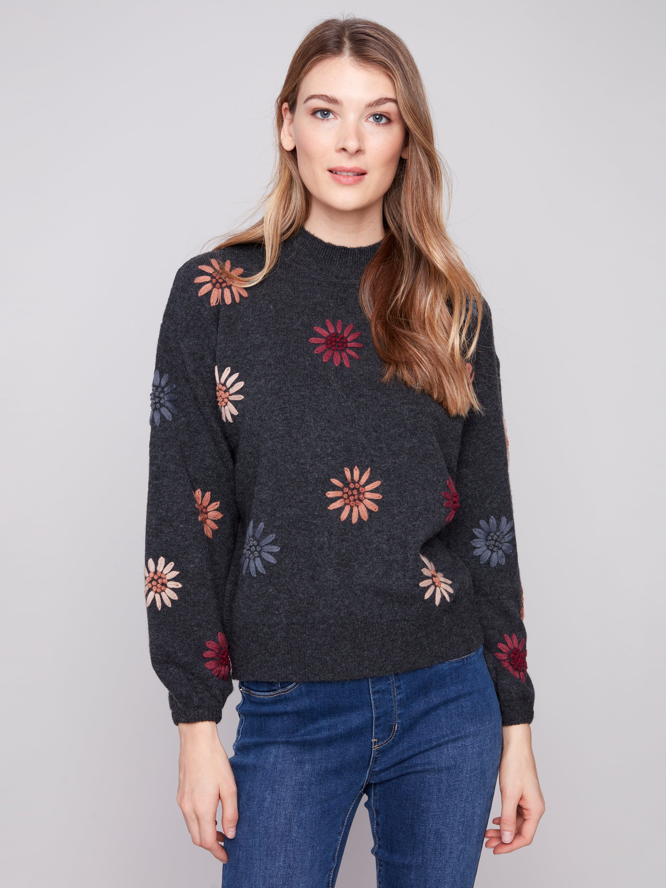 Mock Neck Sweater with Floral Embroidery