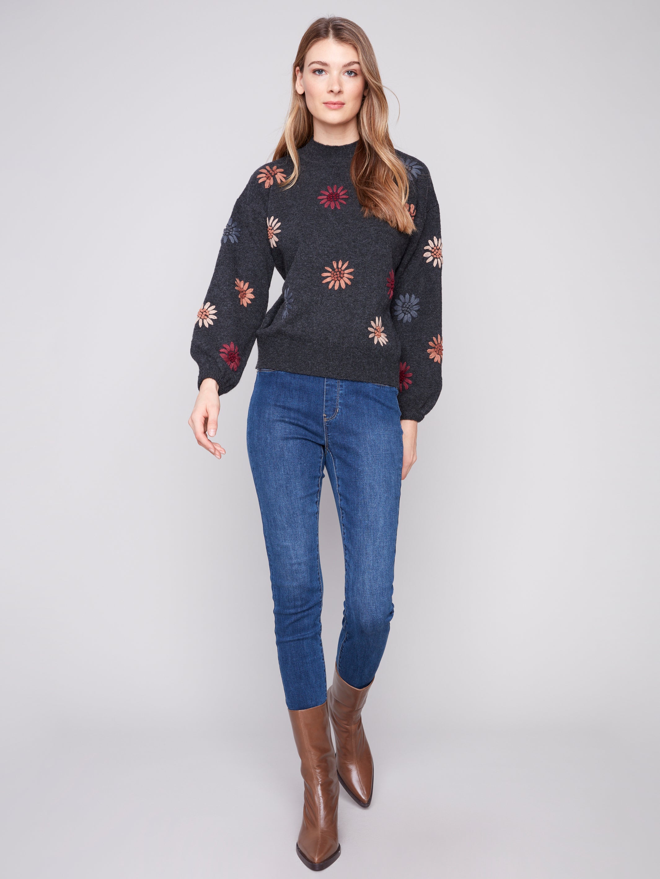 Mock Neck Sweater with Floral Embroidery