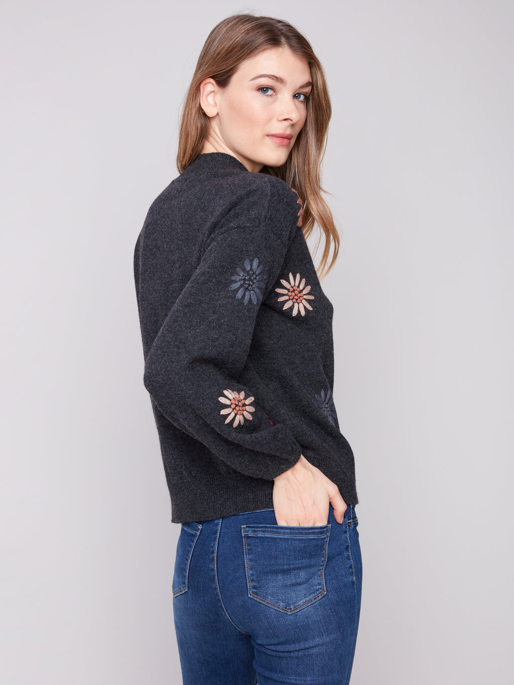 Mock Neck Sweater with Floral Embroidery