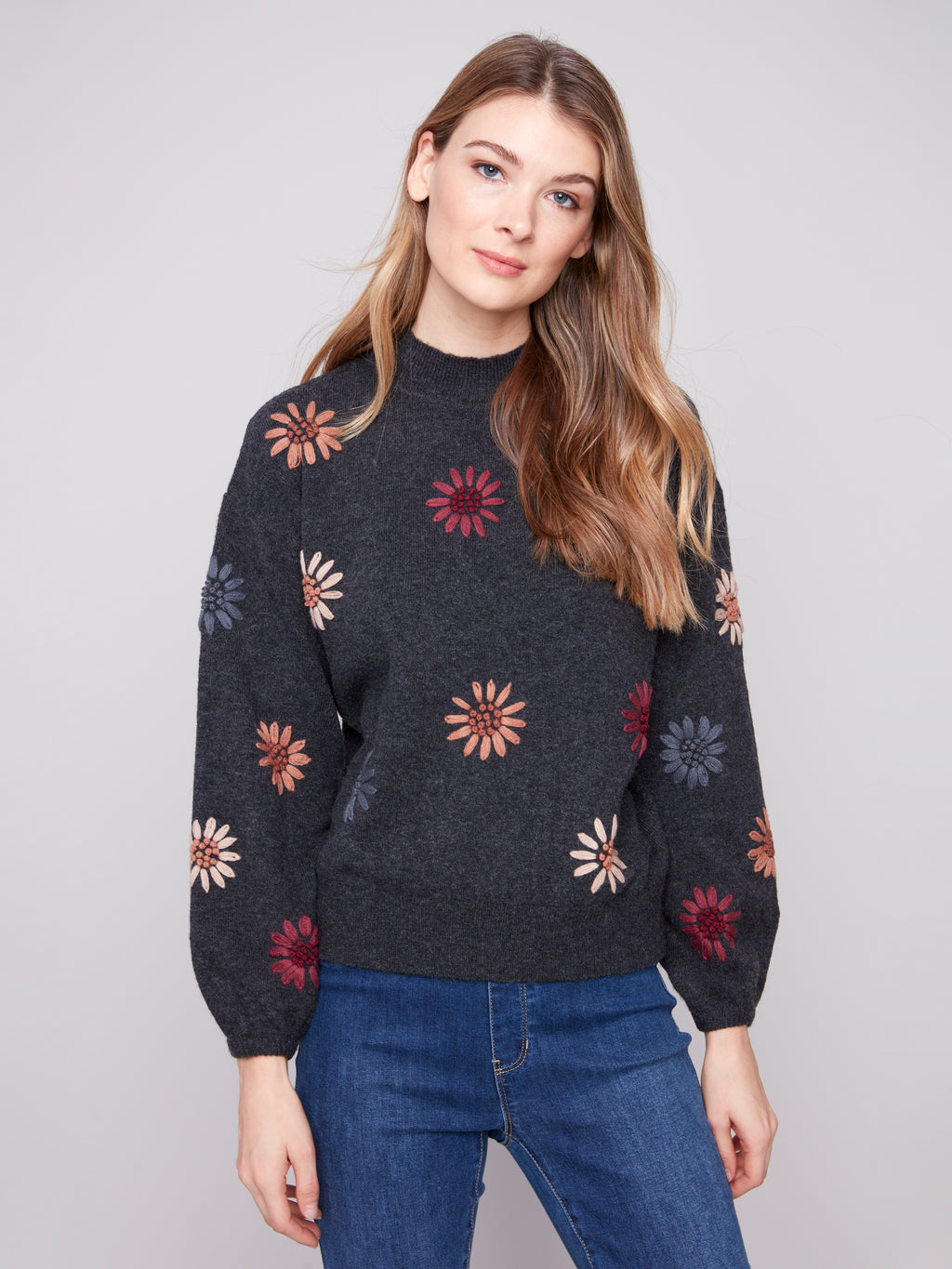 Mock Neck Sweater with Floral Embroidery