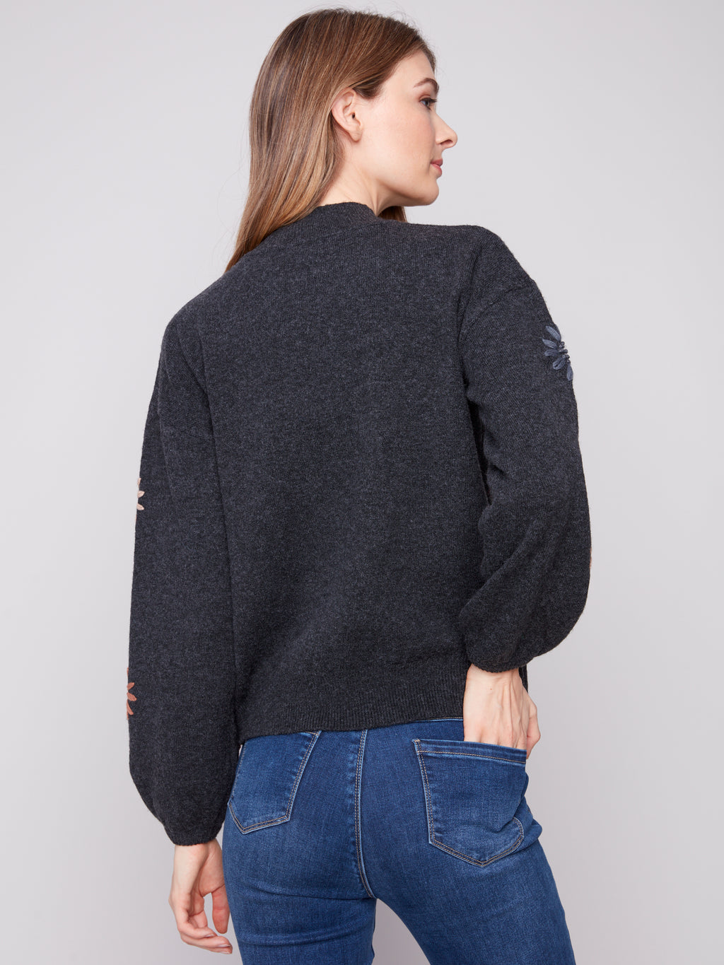 Mock Neck Sweater with Floral Embroidery