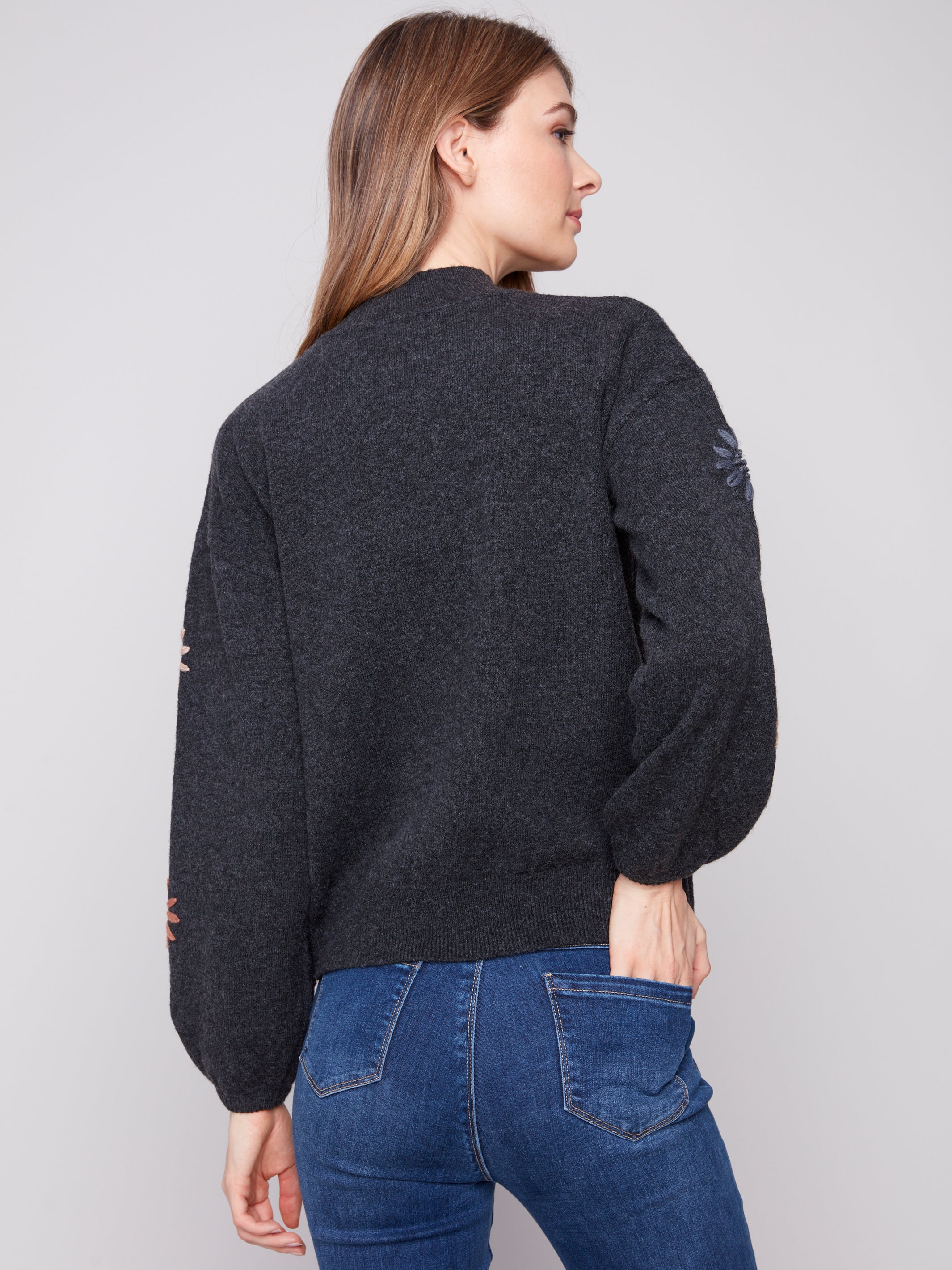 Mock Neck Sweater with Floral Embroidery