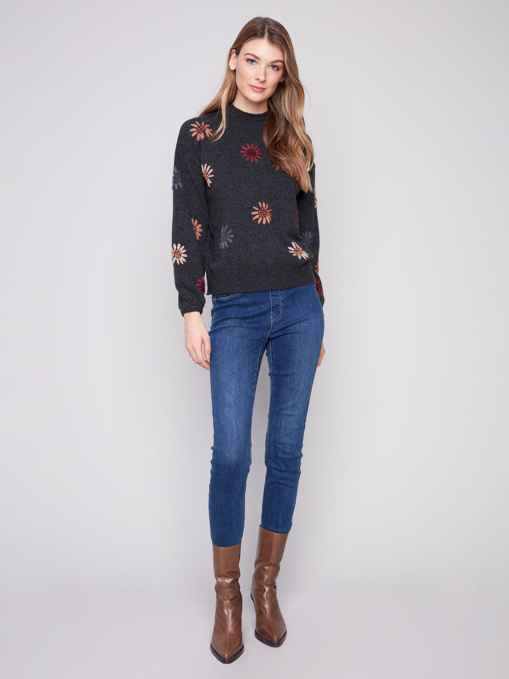 Mock Neck Sweater with Floral Embroidery