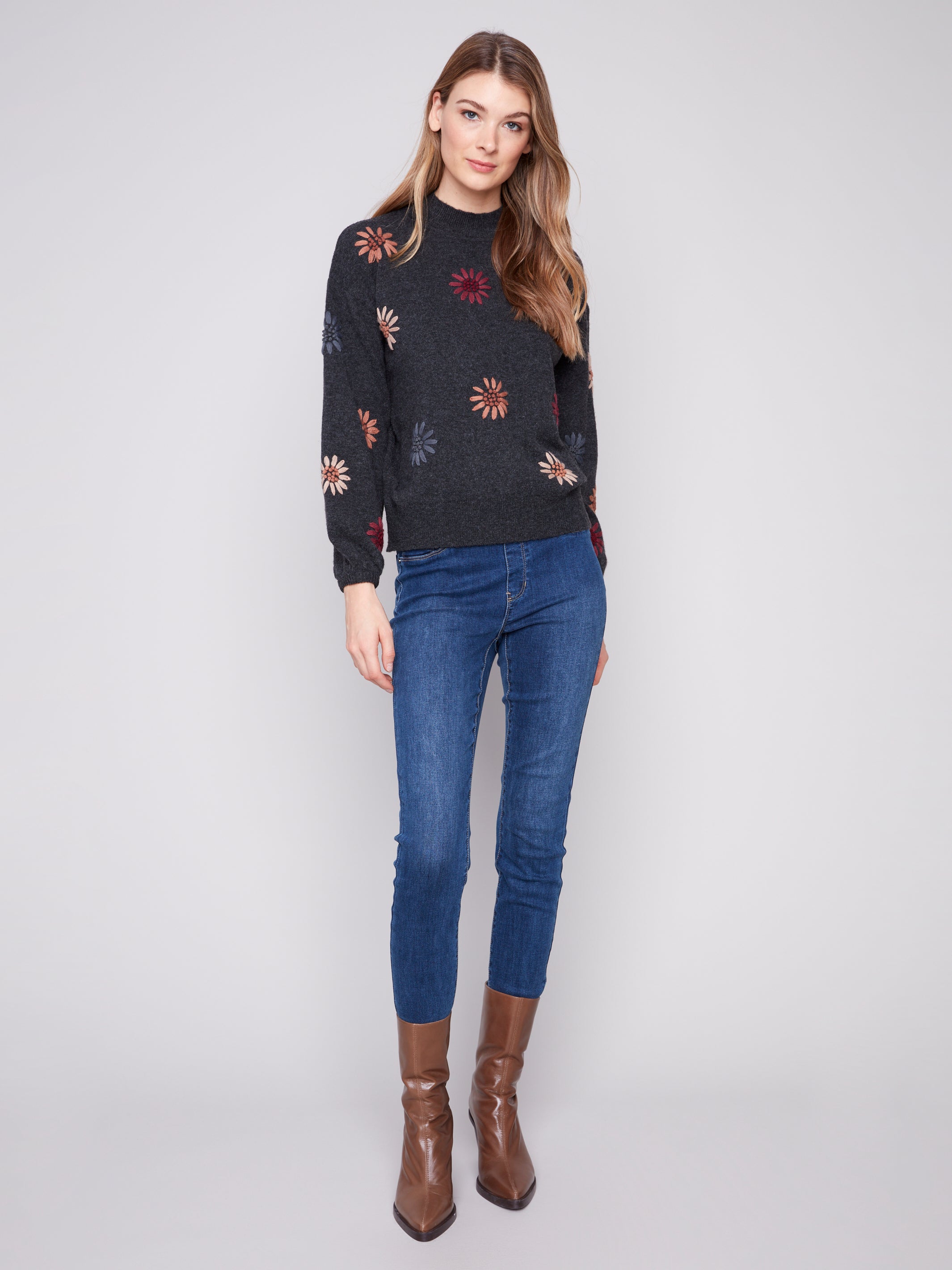 Mock Neck Sweater with Floral Embroidery