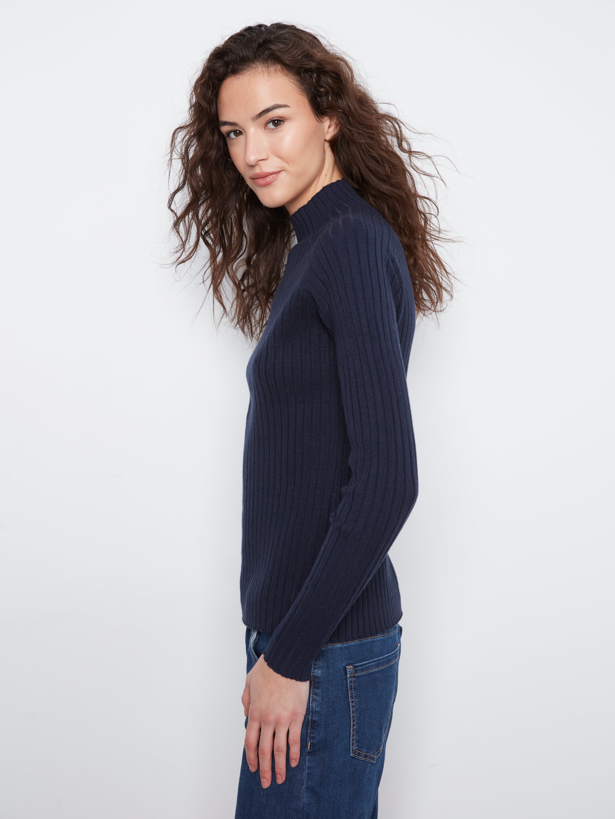 Basic Ribbed Knit Mock Neck Sweater