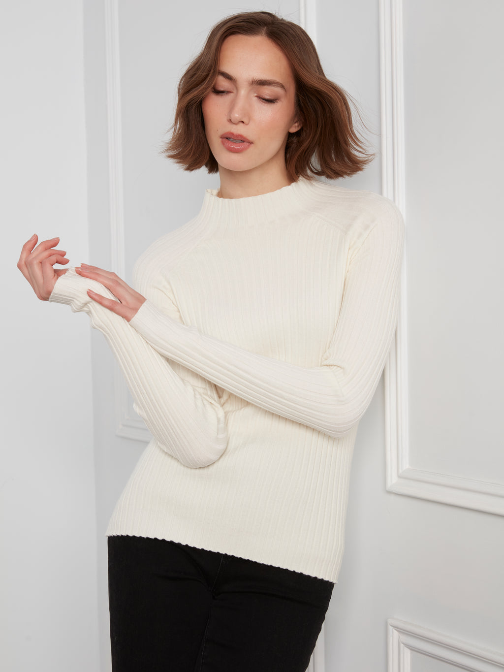 Basic Ribbed Knit Mock Neck Sweater