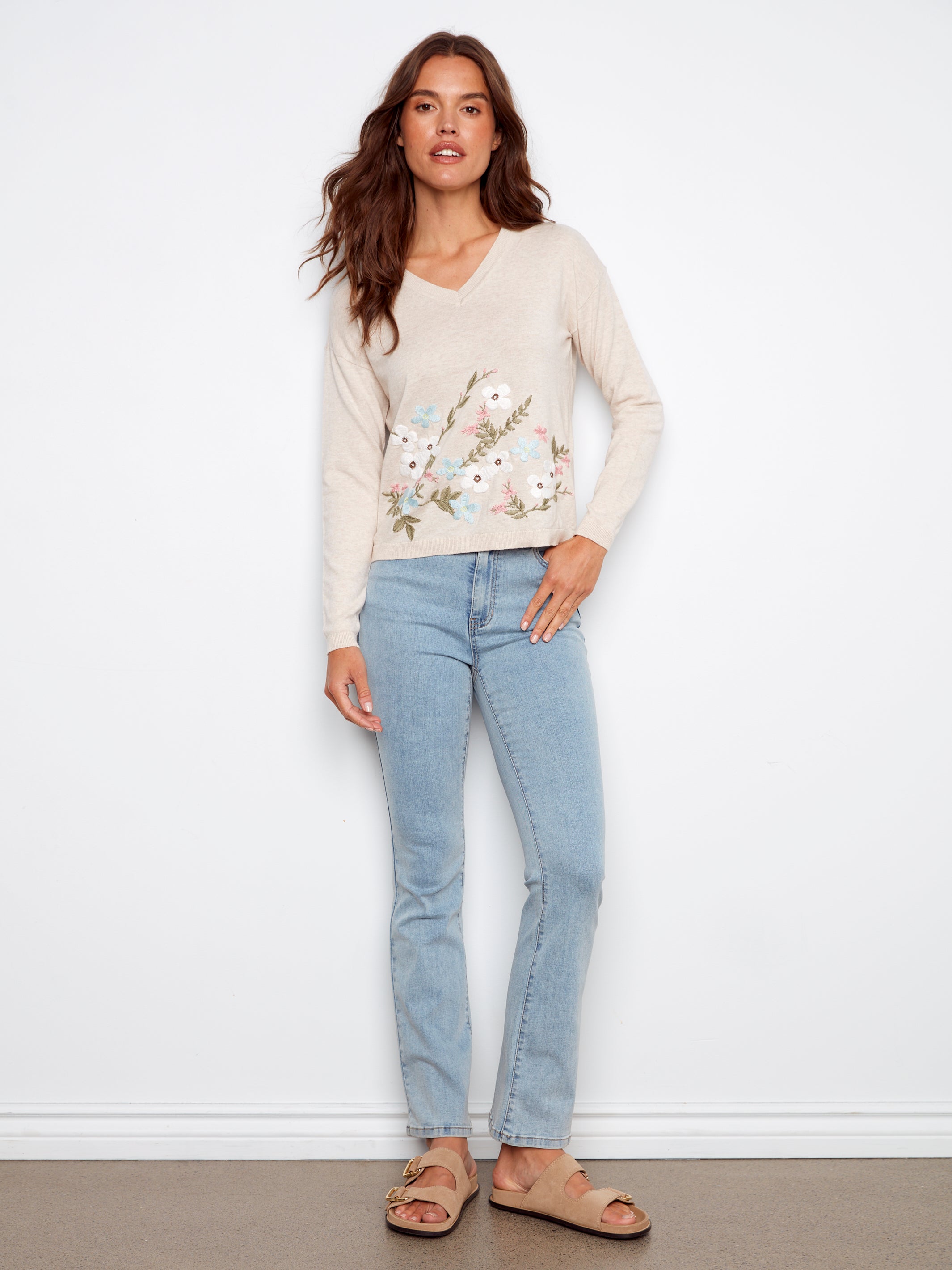 Embroidered Cotton V-Neck Sweater