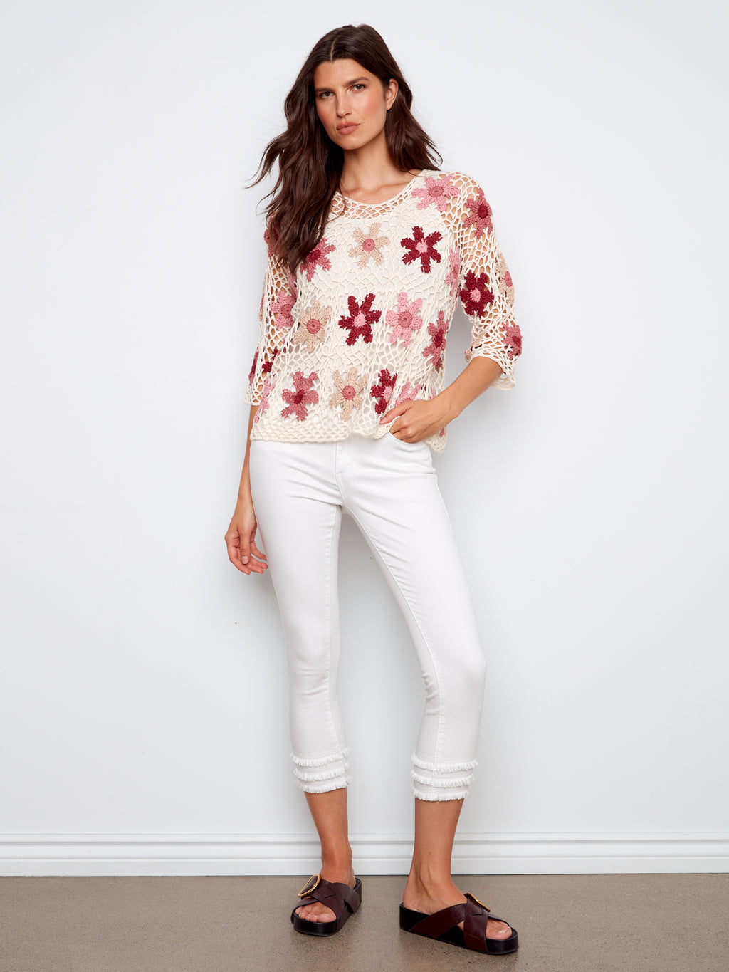 3/4 Sleeve Floral Crochet Top