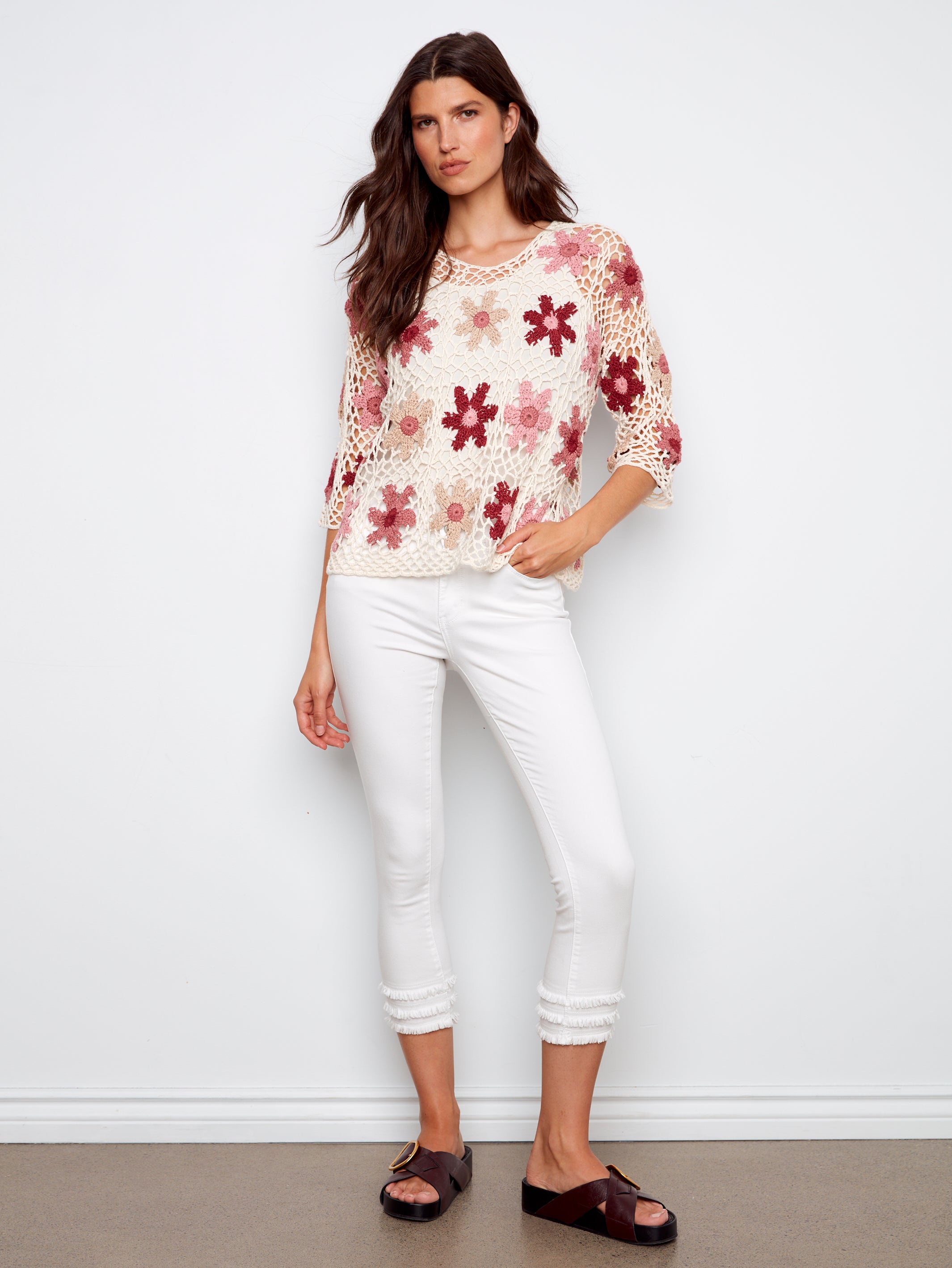 3/4 Sleeve Floral Crochet Top