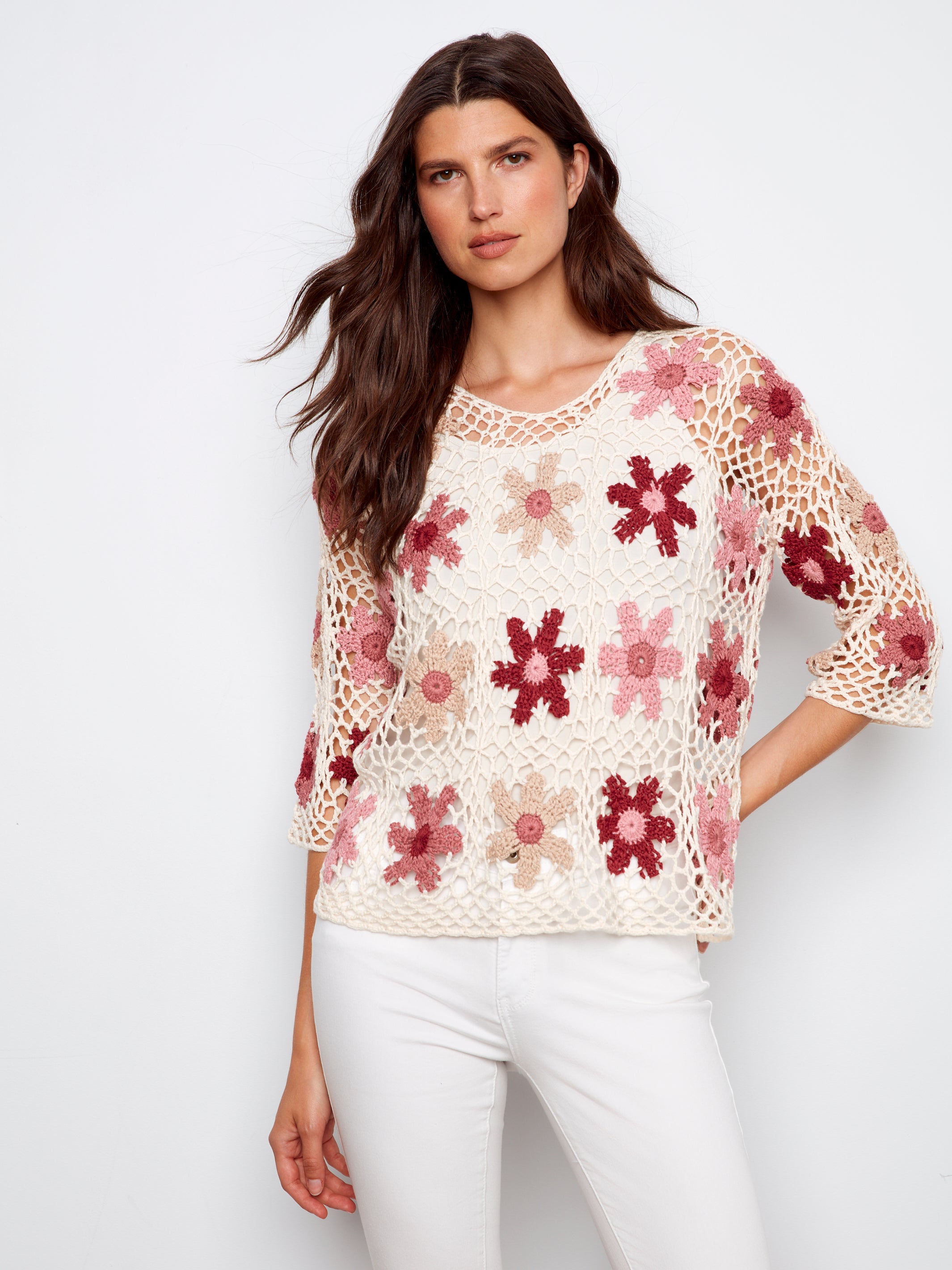 3/4 Sleeve Floral Crochet Top