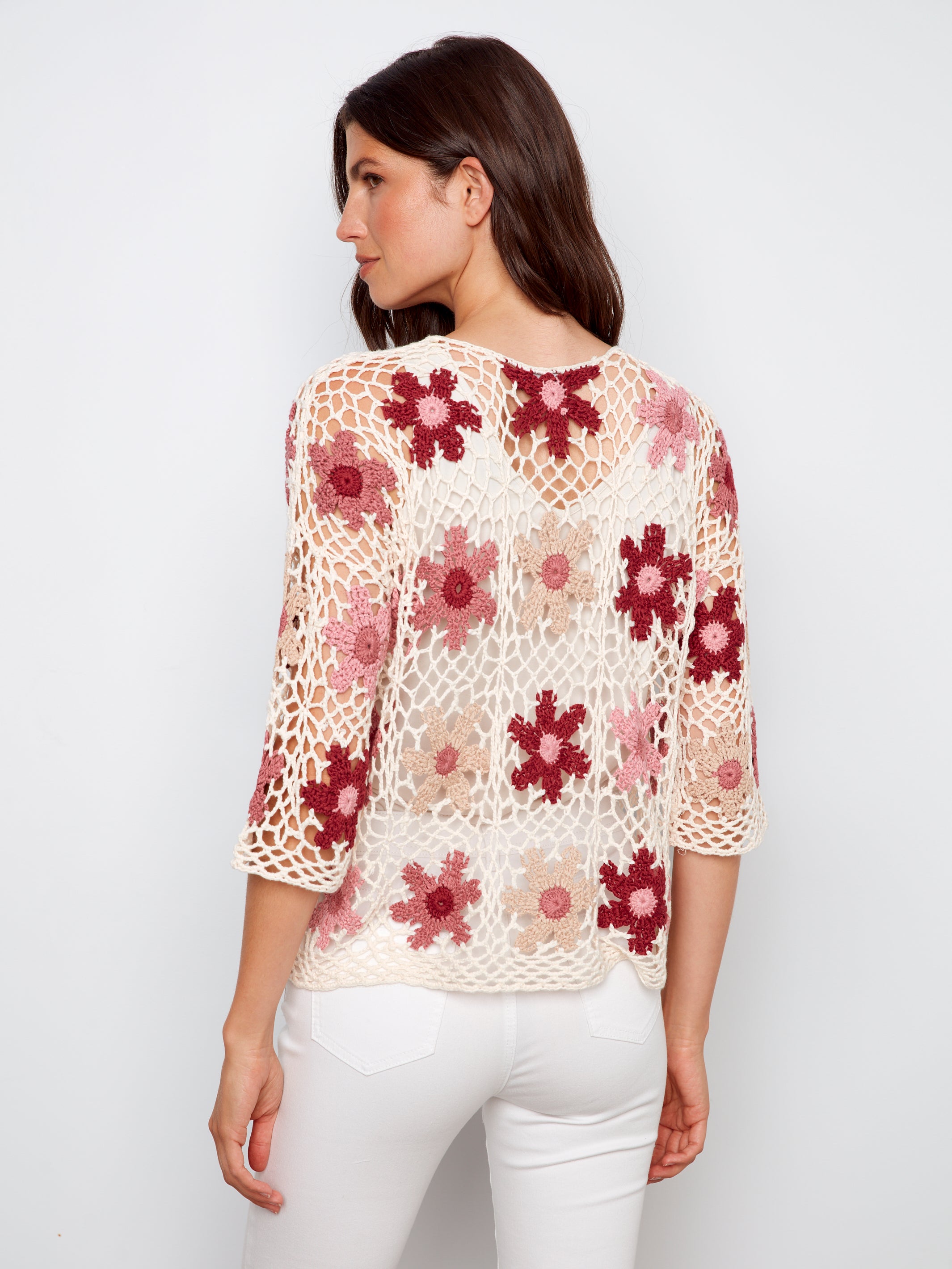 3/4 Sleeve Floral Crochet Top