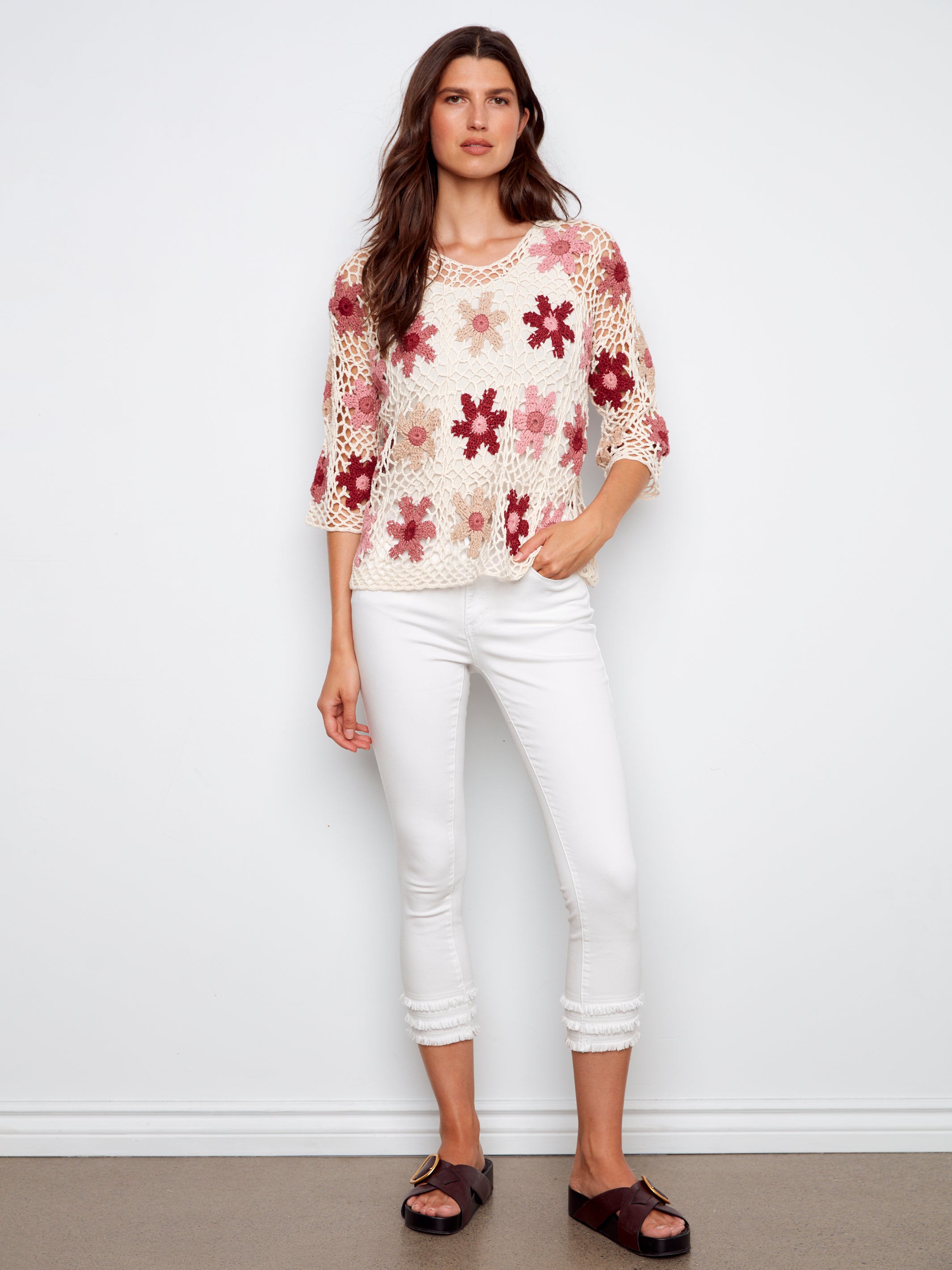 3/4 Sleeve Floral Crochet Top