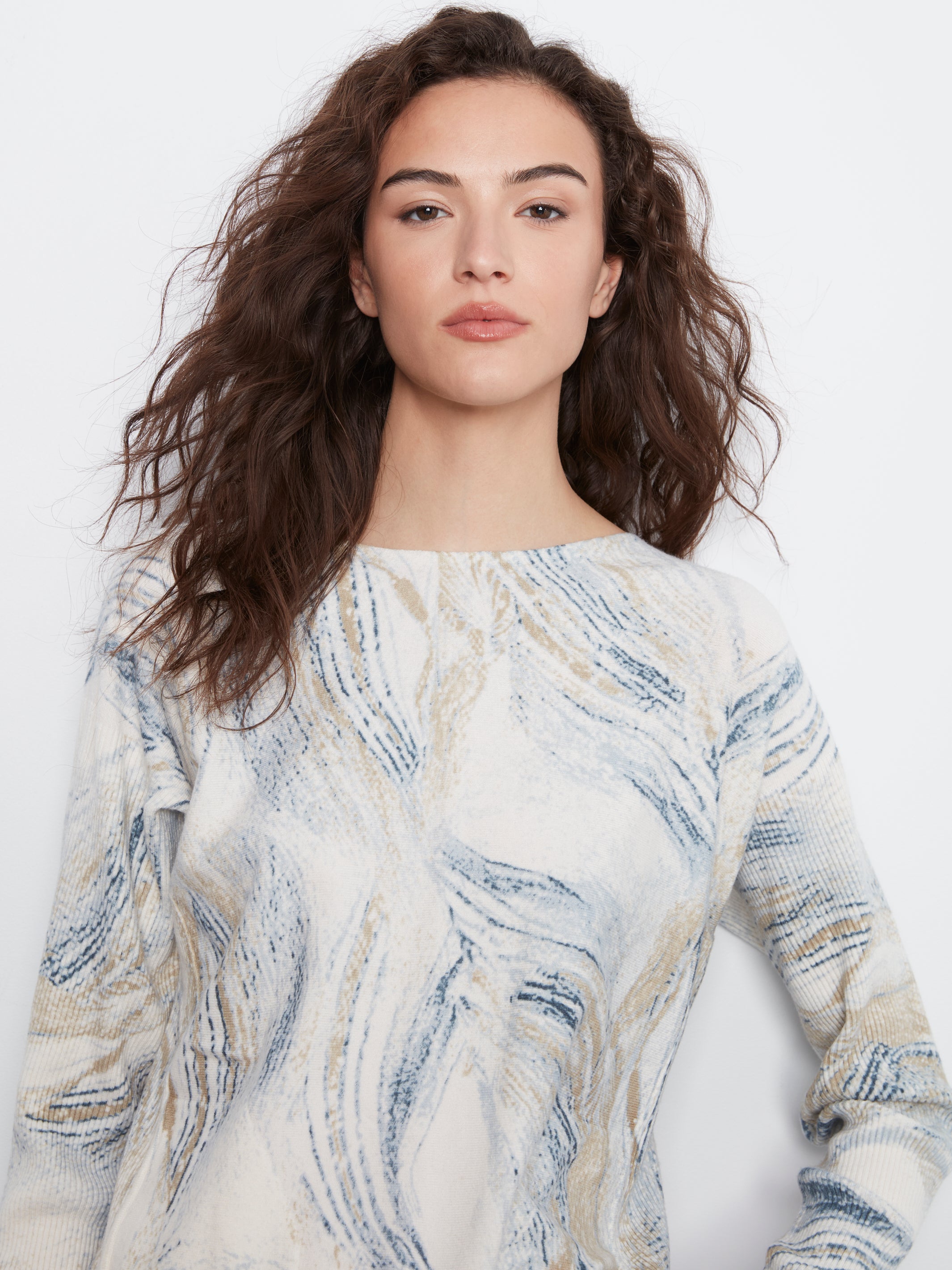Drop Shoulder Printed Boat Neck Sweater with Pockets