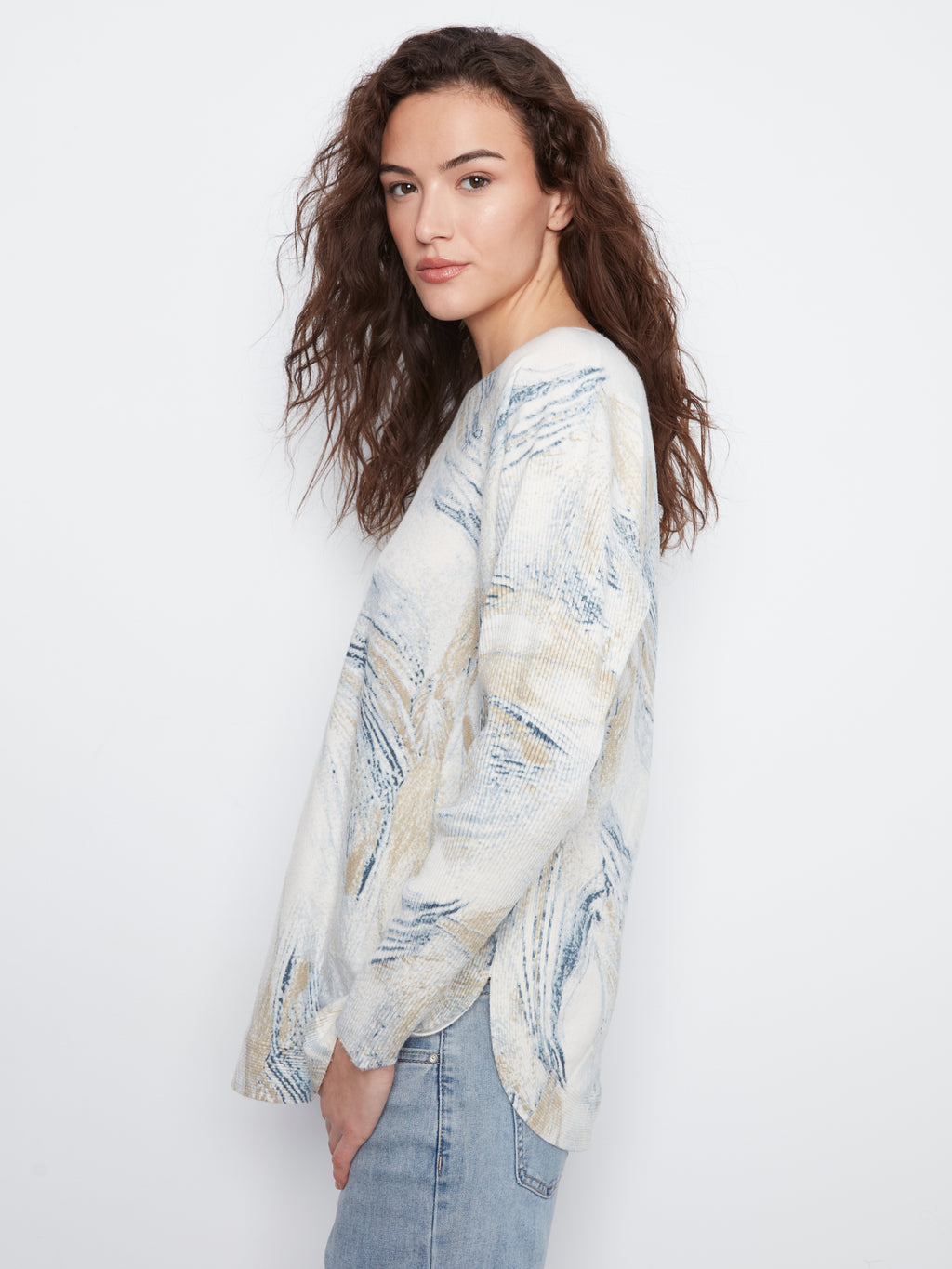Drop Shoulder Printed Boat Neck Sweater with Pockets
