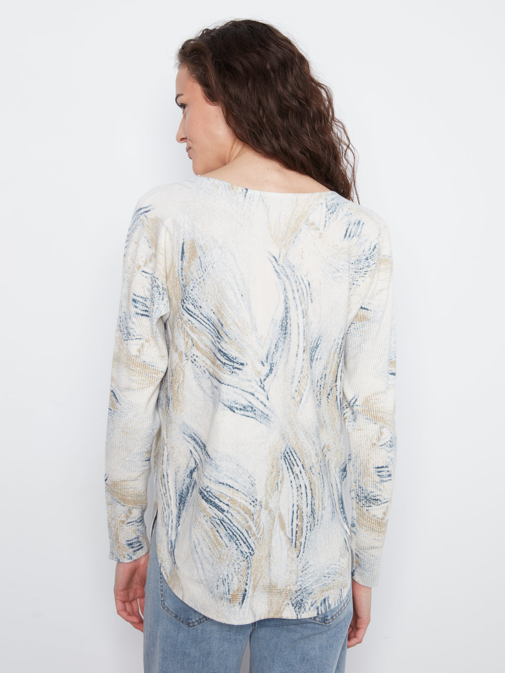 Drop Shoulder Printed Boat Neck Sweater with Pockets