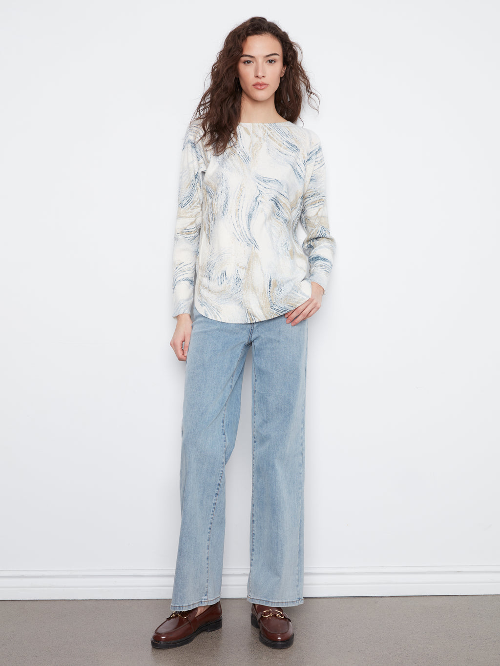 Drop Shoulder Printed Boat Neck Sweater with Pockets