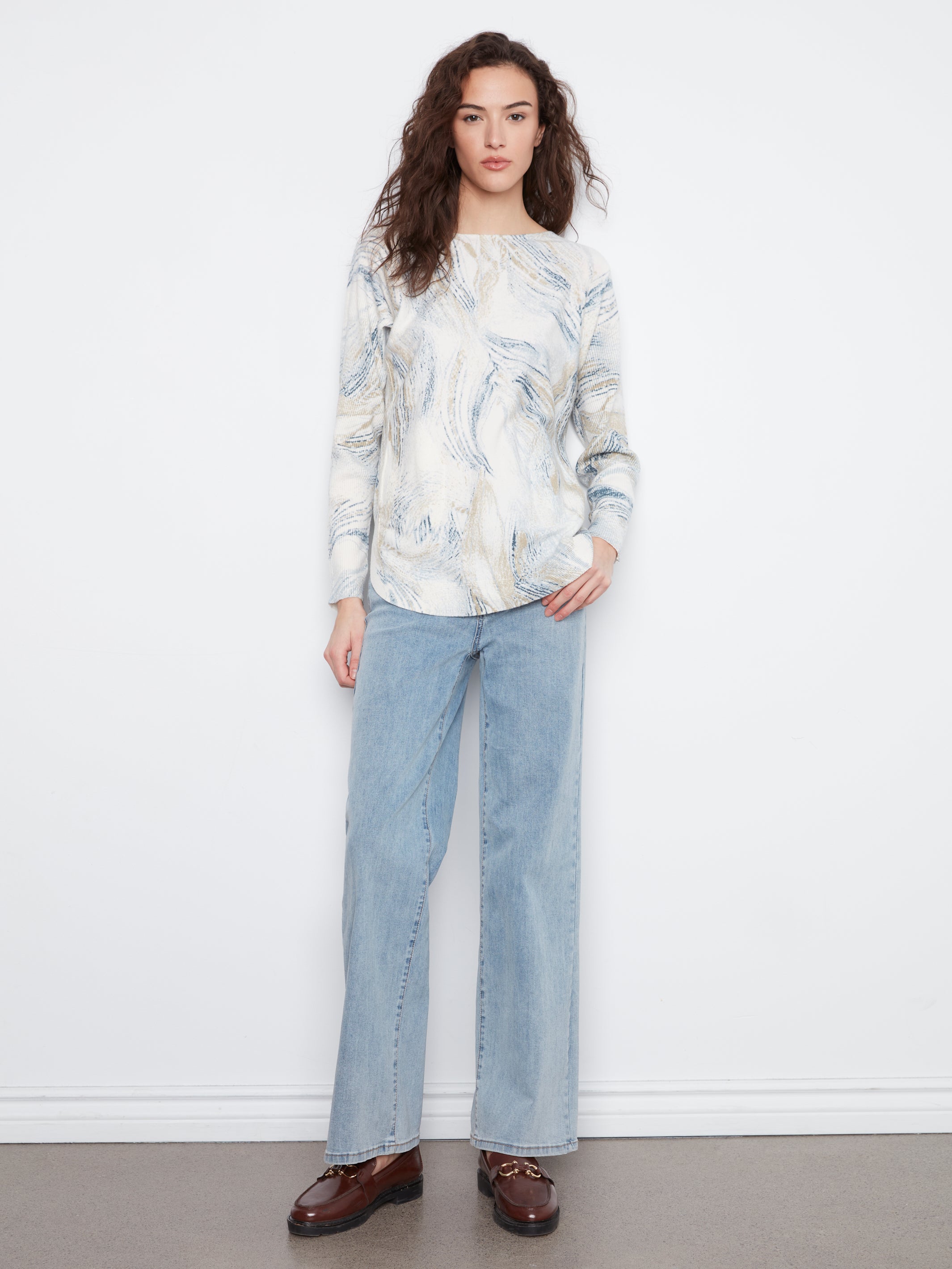 Drop Shoulder Printed Boat Neck Sweater with Pockets
