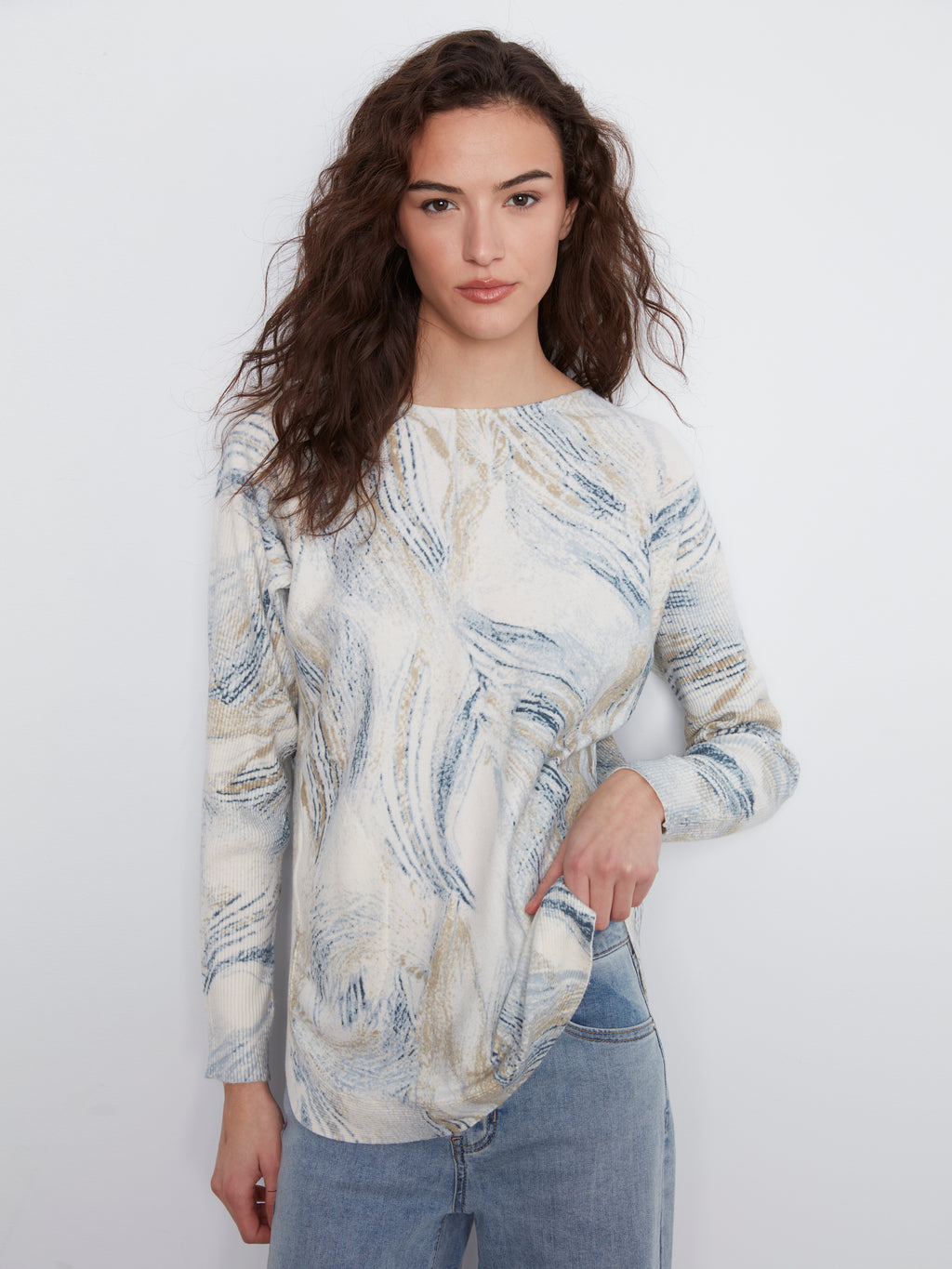 Drop Shoulder Printed Boat Neck Sweater with Pockets