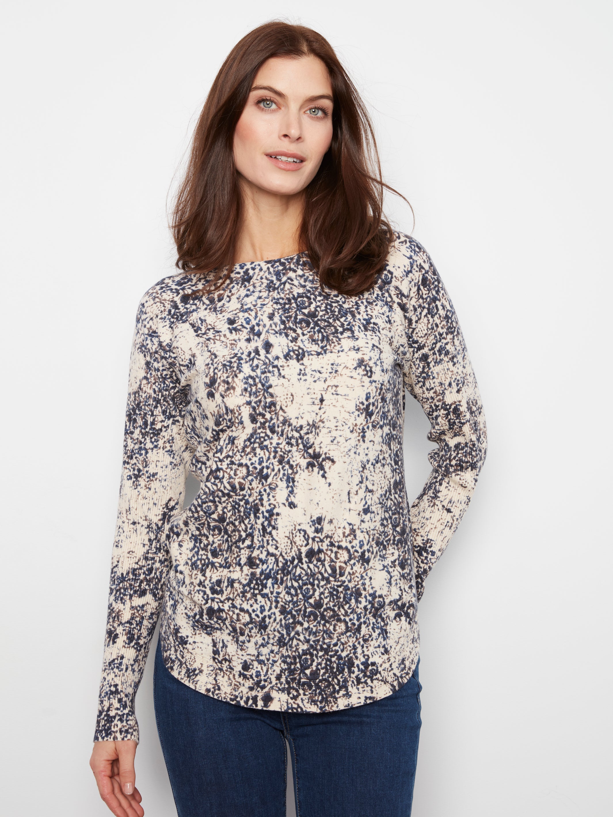 Drop Shoulder Printed Boat Neck Sweater with Pockets