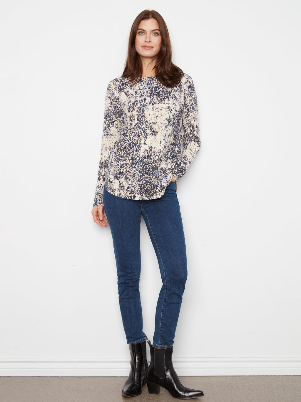 Drop Shoulder Printed Boat Neck Sweater with Pockets