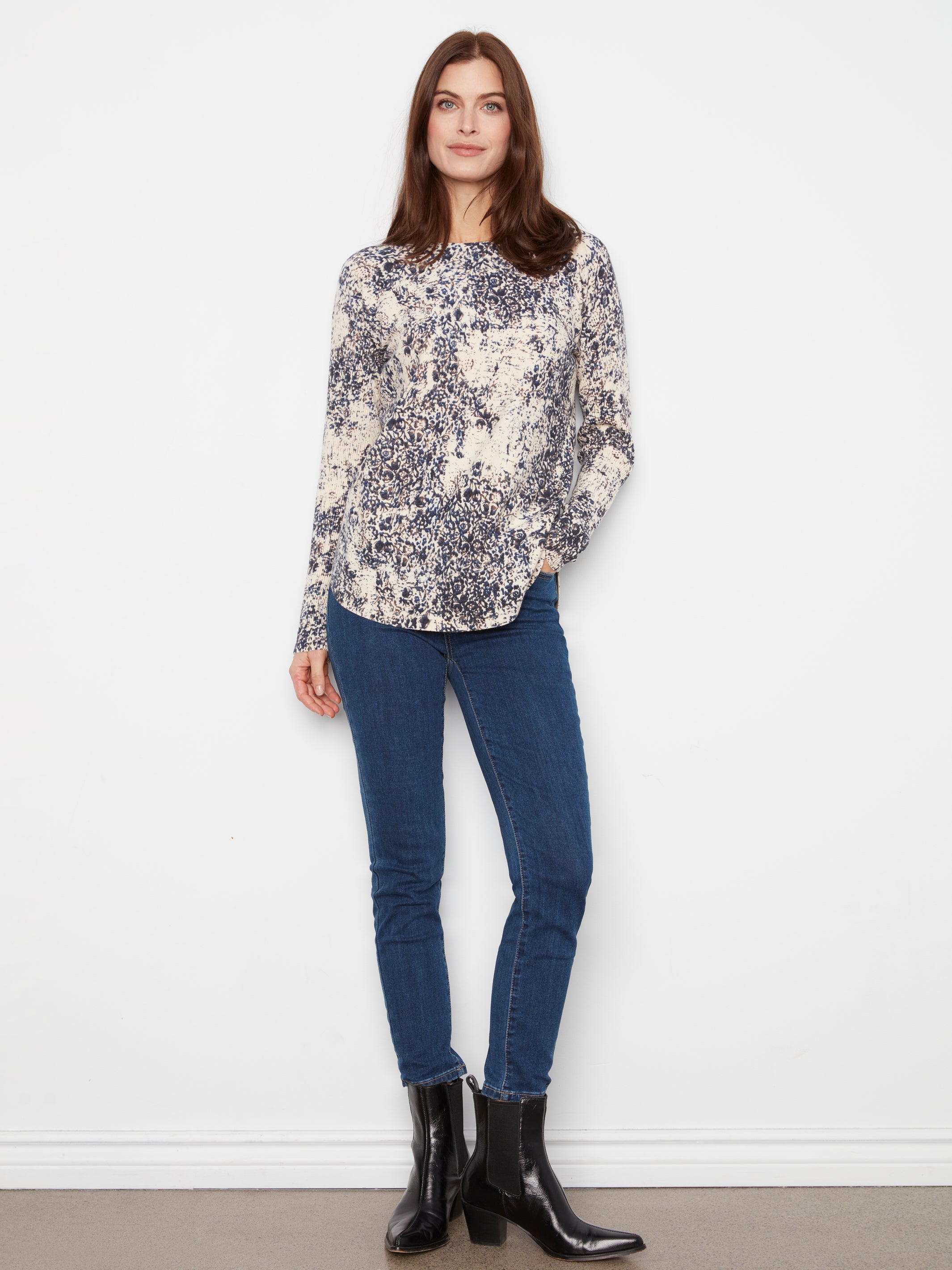 Drop Shoulder Printed Boat Neck Sweater with Pockets