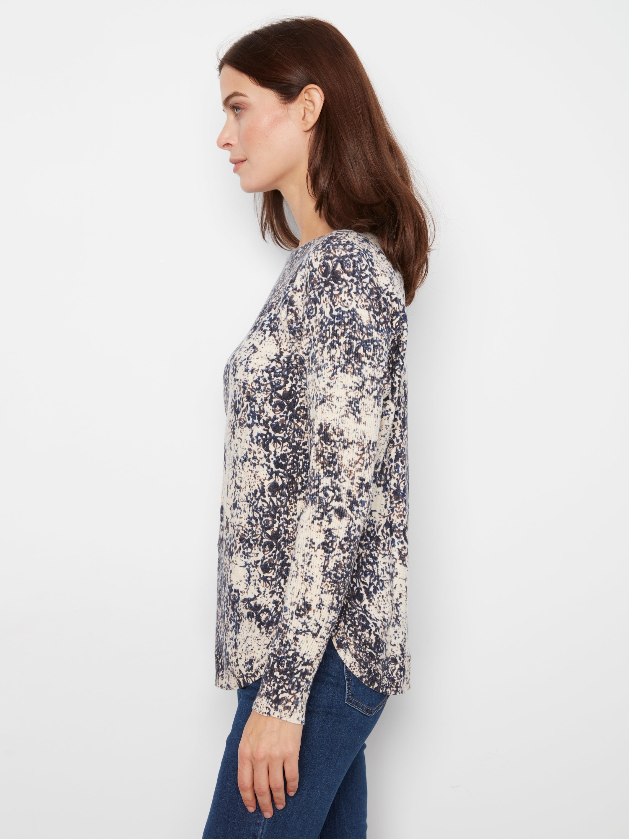 Drop Shoulder Printed Boat Neck Sweater with Pockets