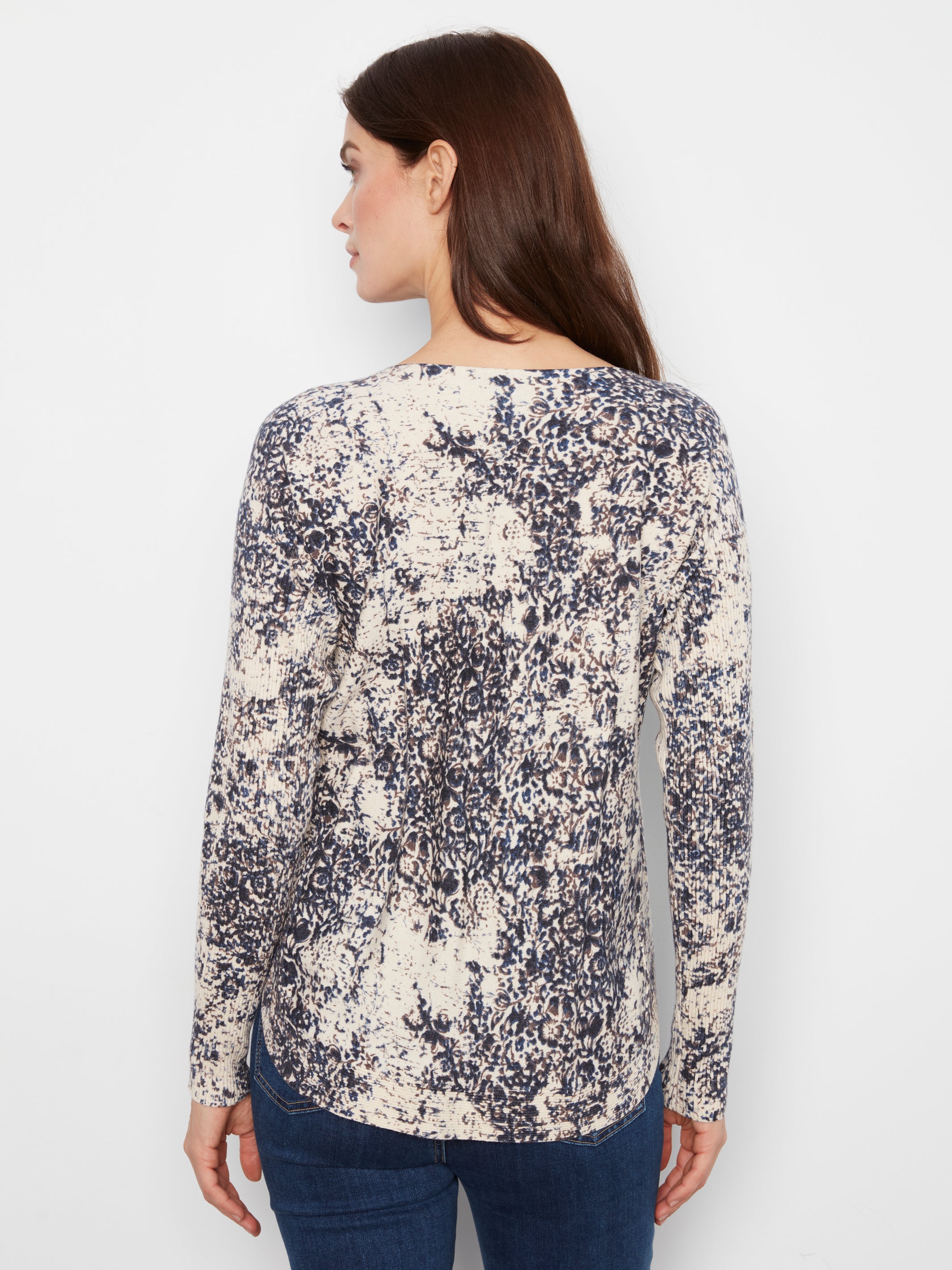 Drop Shoulder Printed Boat Neck Sweater with Pockets