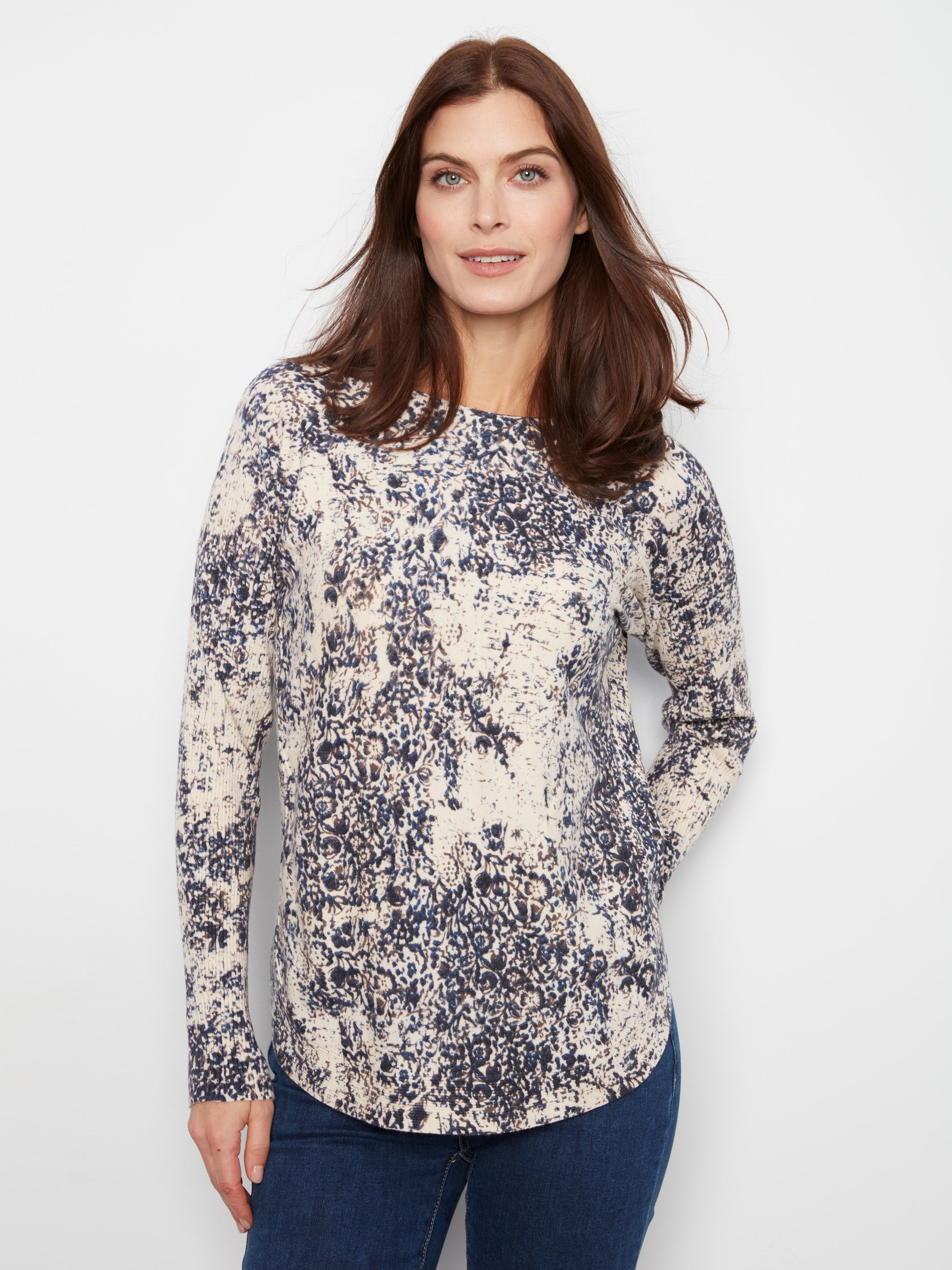 Drop Shoulder Printed Boat Neck Sweater with Pockets