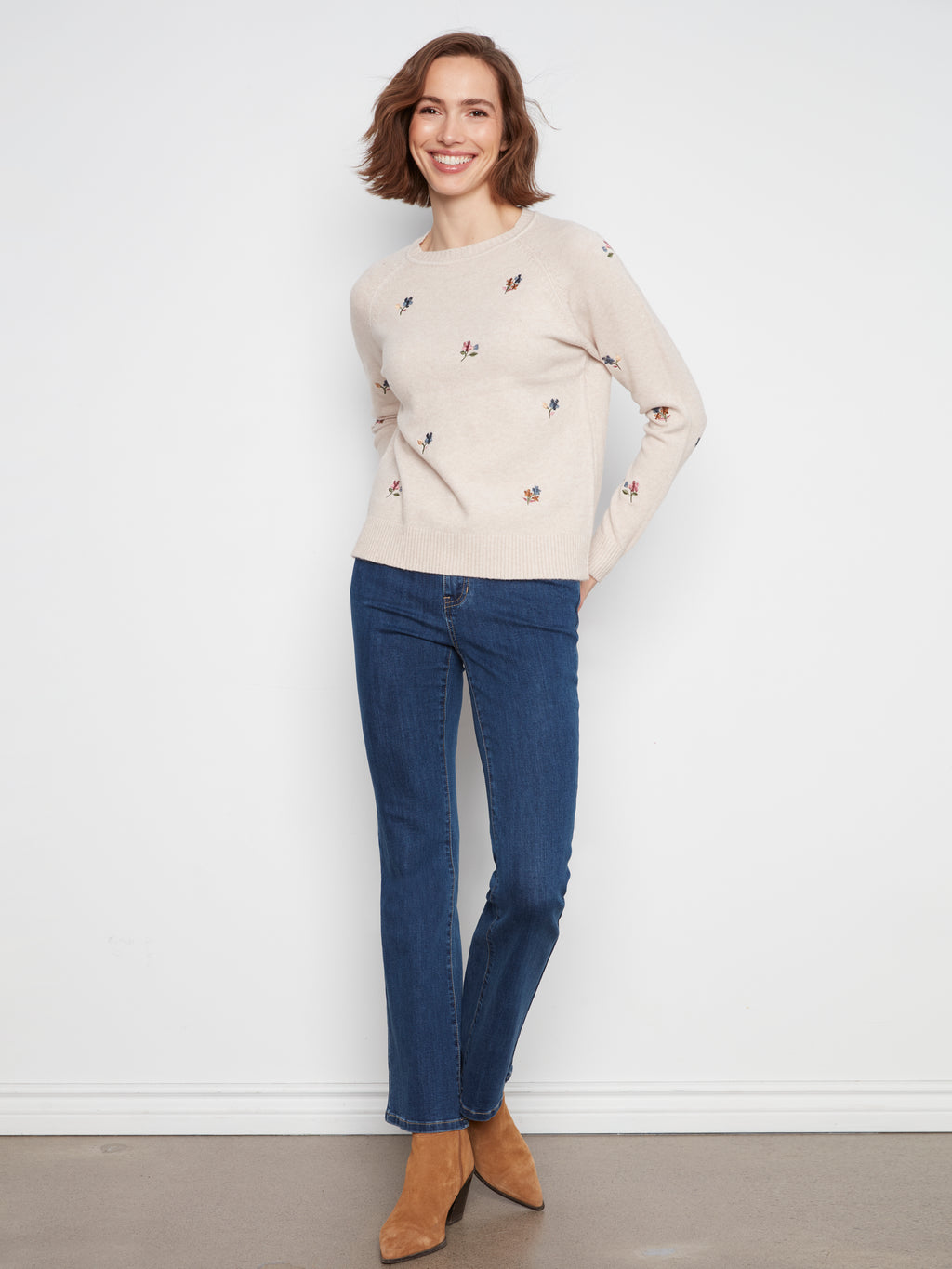 Embroidered Raglan Sleeve Crewneck Sweater