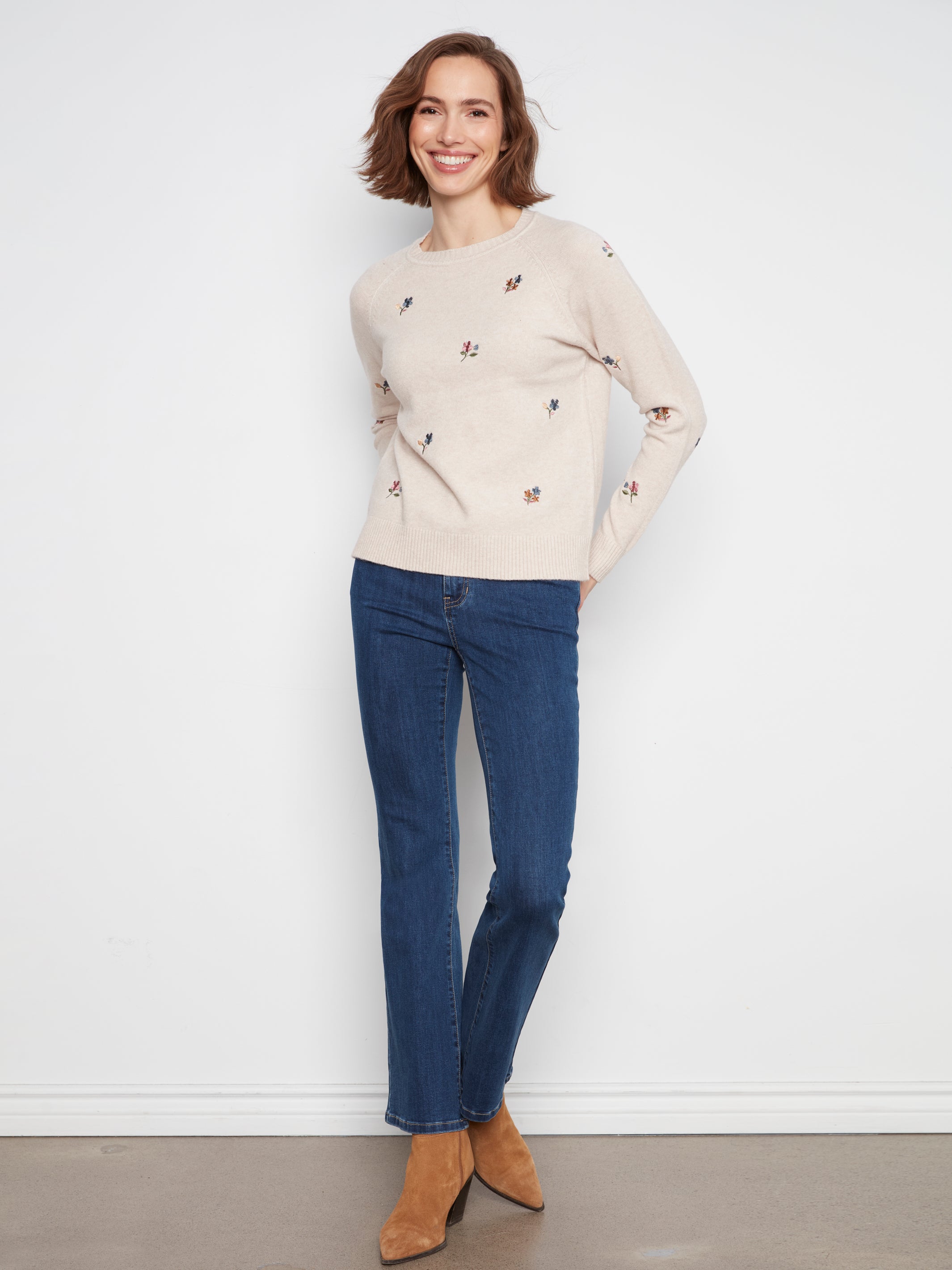 Embroidered Raglan Sleeve Crewneck Sweater
