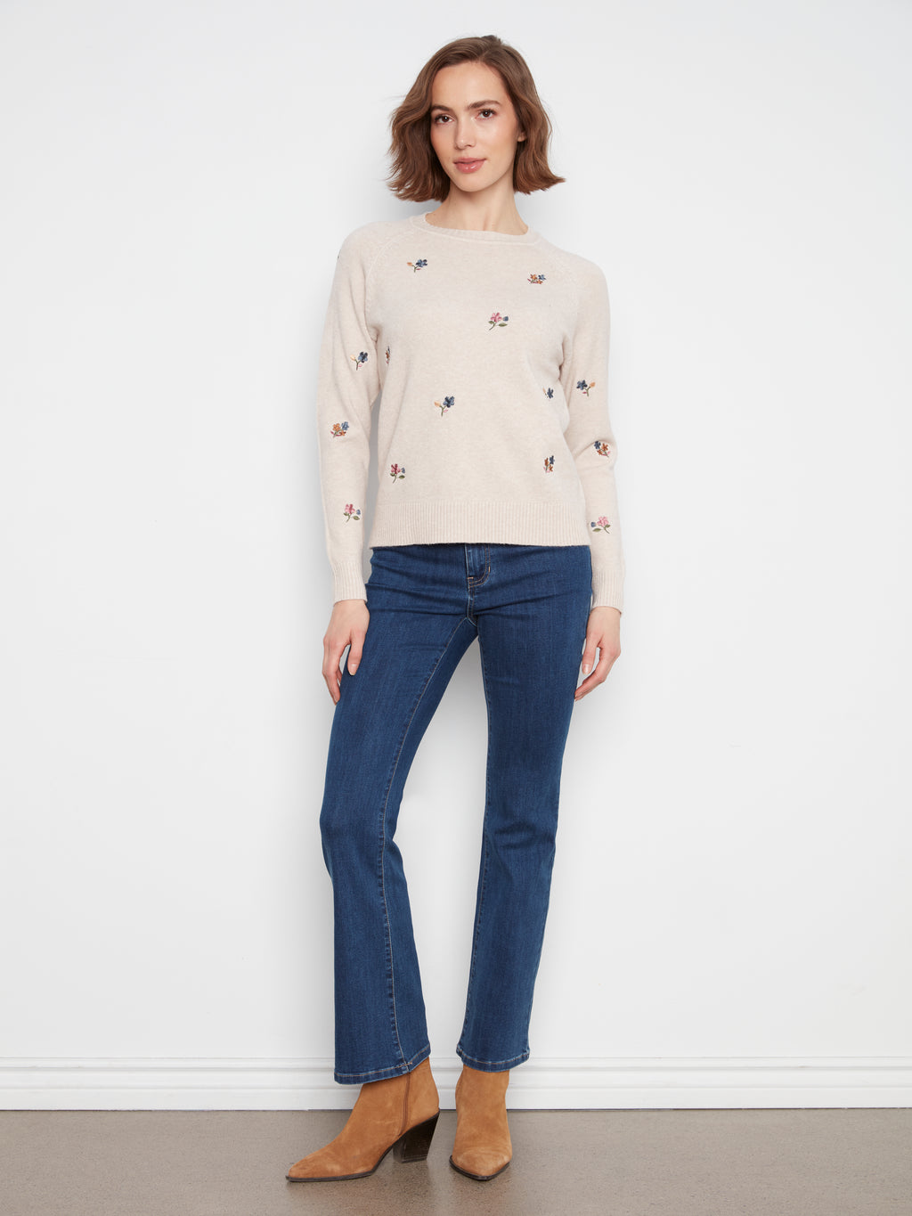 Embroidered Raglan Sleeve Crewneck Sweater