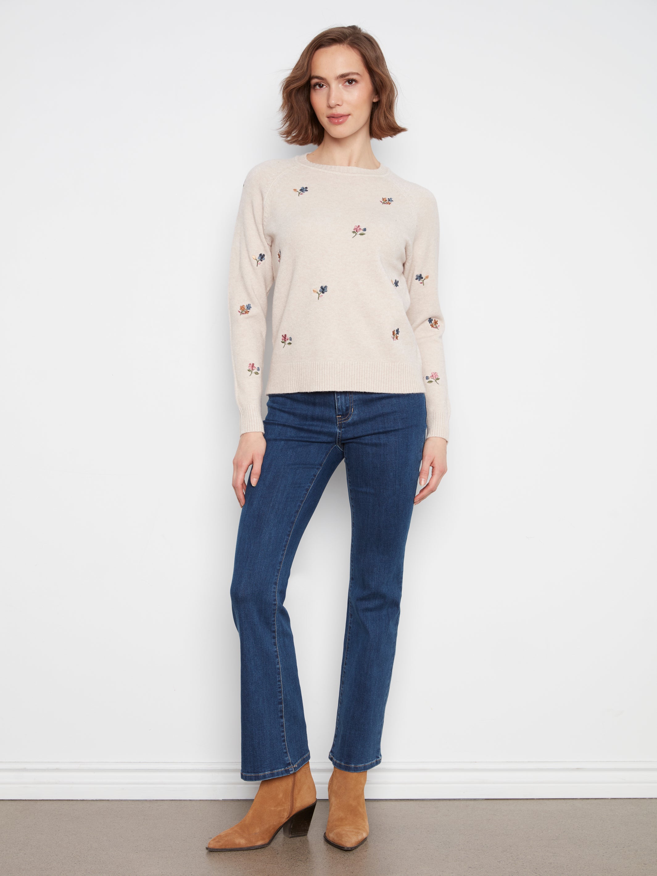 Embroidered Raglan Sleeve Crewneck Sweater