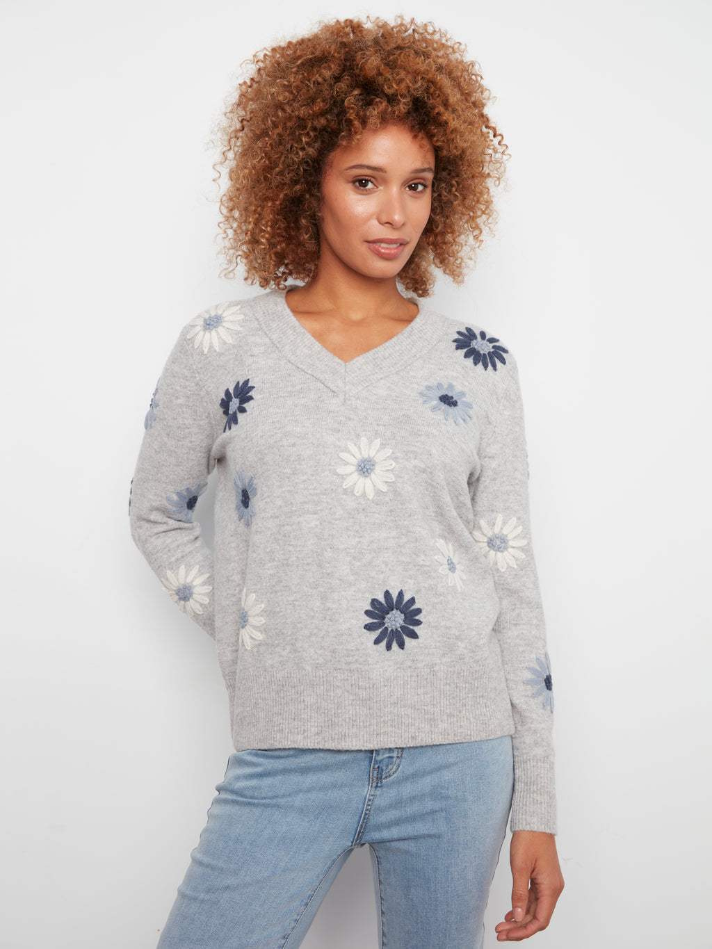Embroidered V-Neck Sweater with Wide Rib Cuff & Hem
