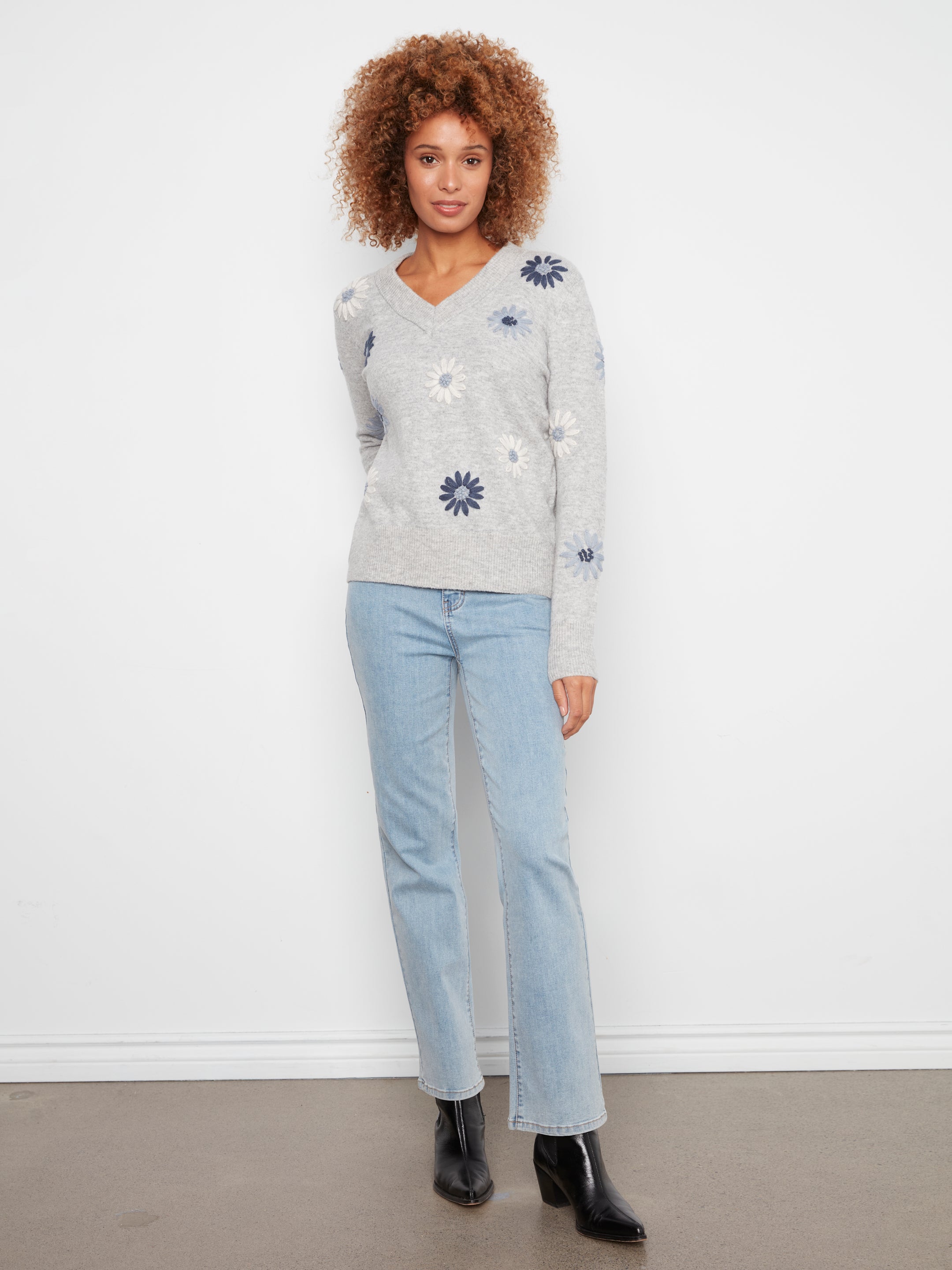 Embroidered V-Neck Sweater with Wide Rib Cuff & Hem