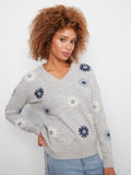 Embroidered V-Neck Sweater with Wide Rib Cuff & Hem