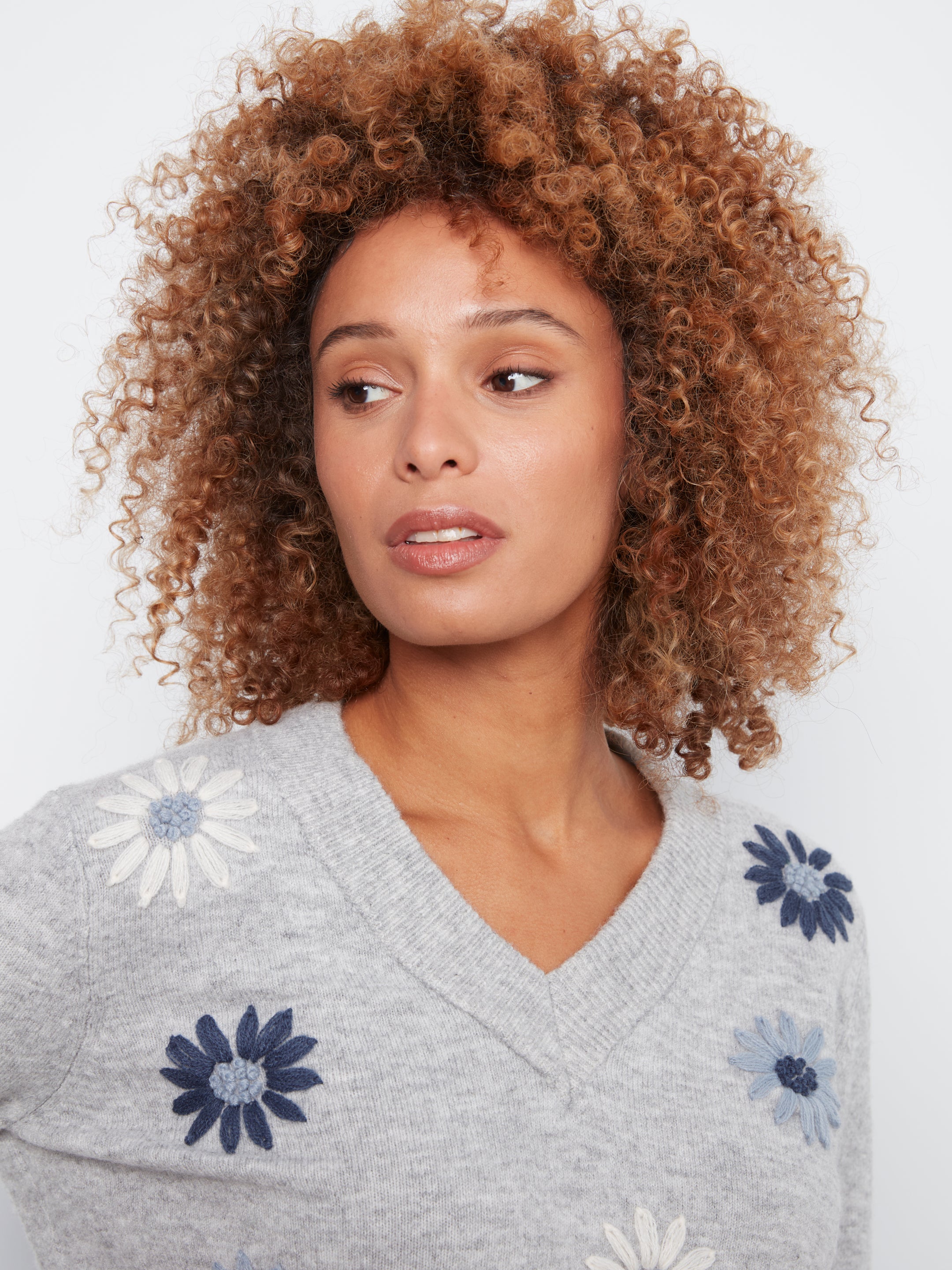Embroidered V-Neck Sweater with Wide Rib Cuff & Hem