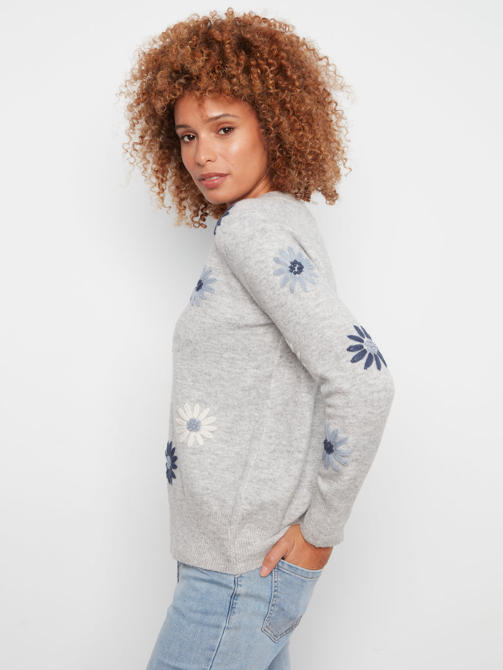 Embroidered V-Neck Sweater with Wide Rib Cuff & Hem