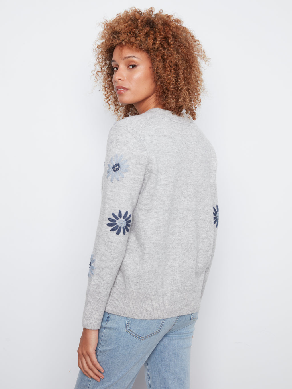 Embroidered V-Neck Sweater with Wide Rib Cuff & Hem